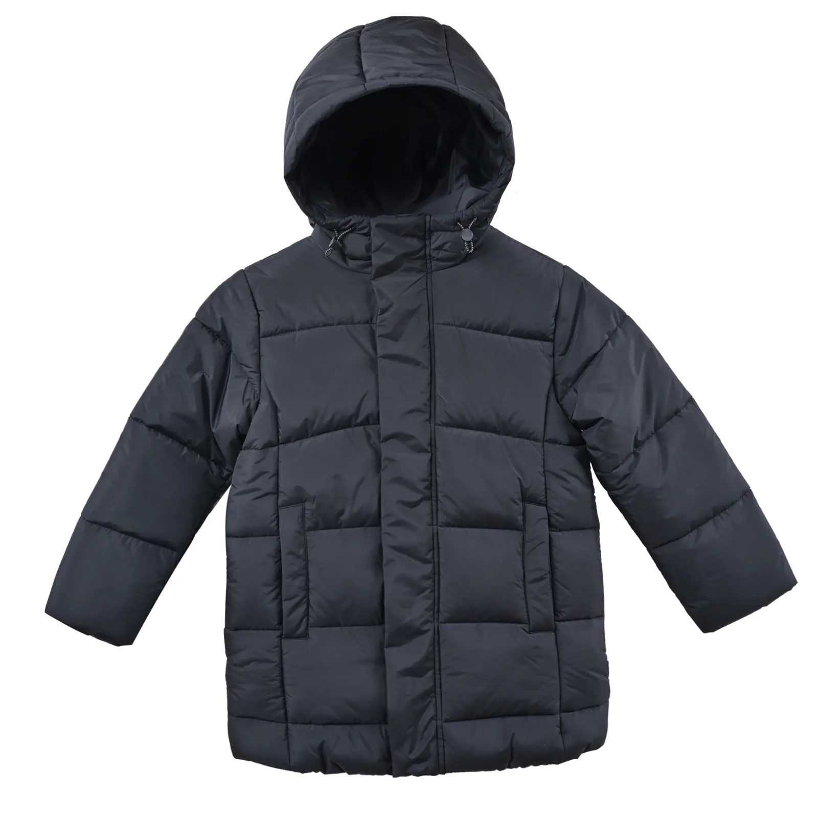 Kids' Black Hooded MID-Length Warm Puffer Down Jacket