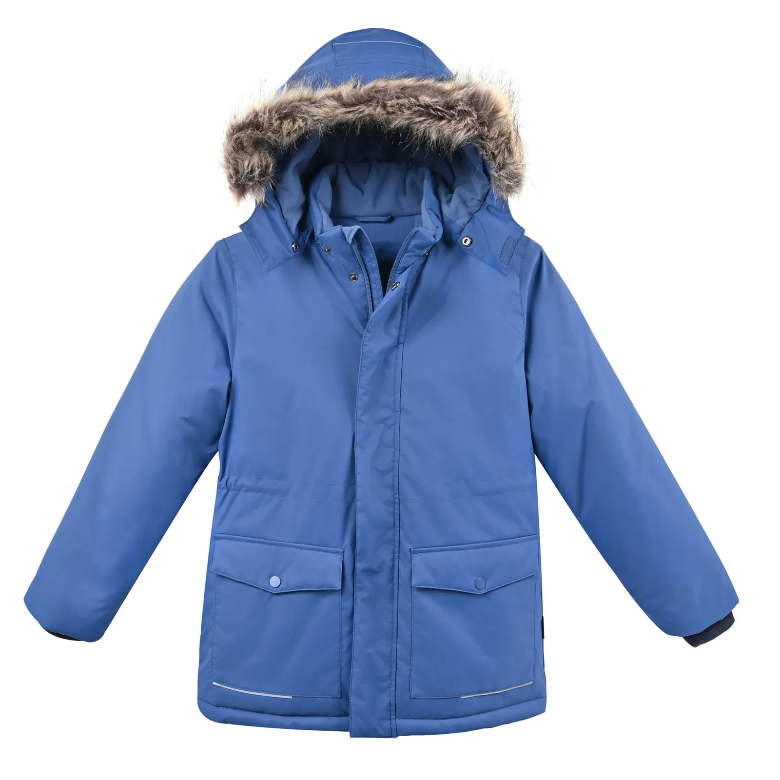 Kids Blue Hooded Parka Jacket with Faux Fur Trim for Winter