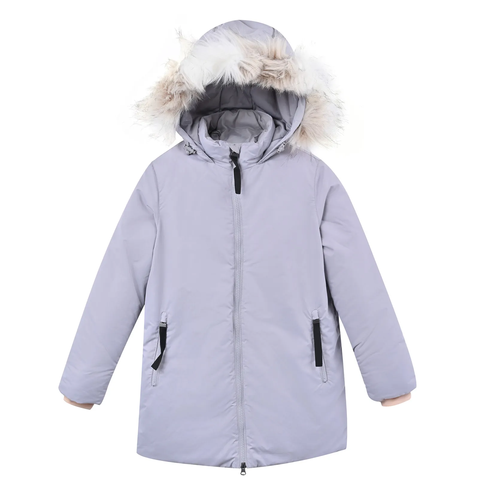 Kid's Light Gray Hooded Fur Trim Warm Winter Coat