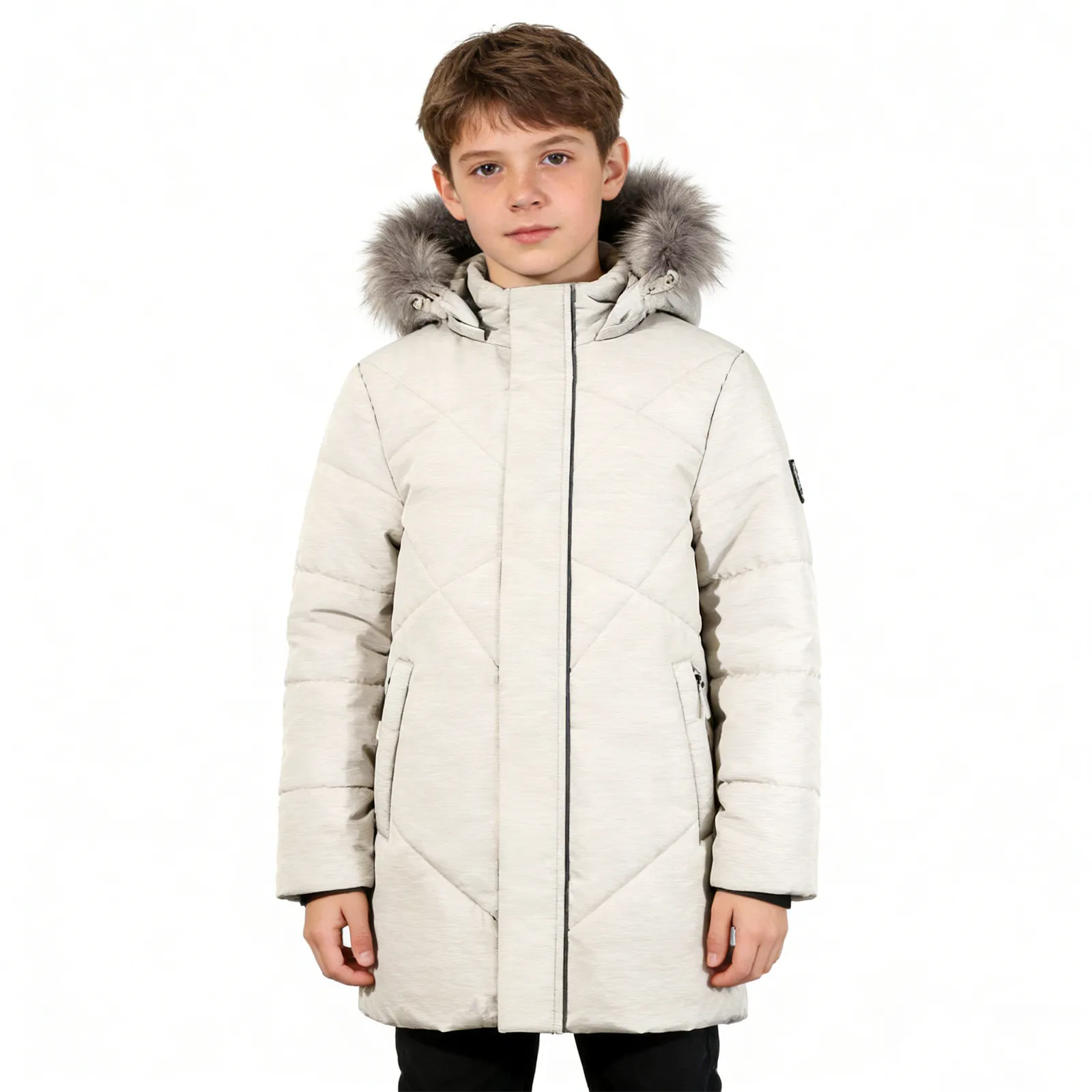 Winter Girls' Light Beige Hooded Warm Jacket with Zippe
