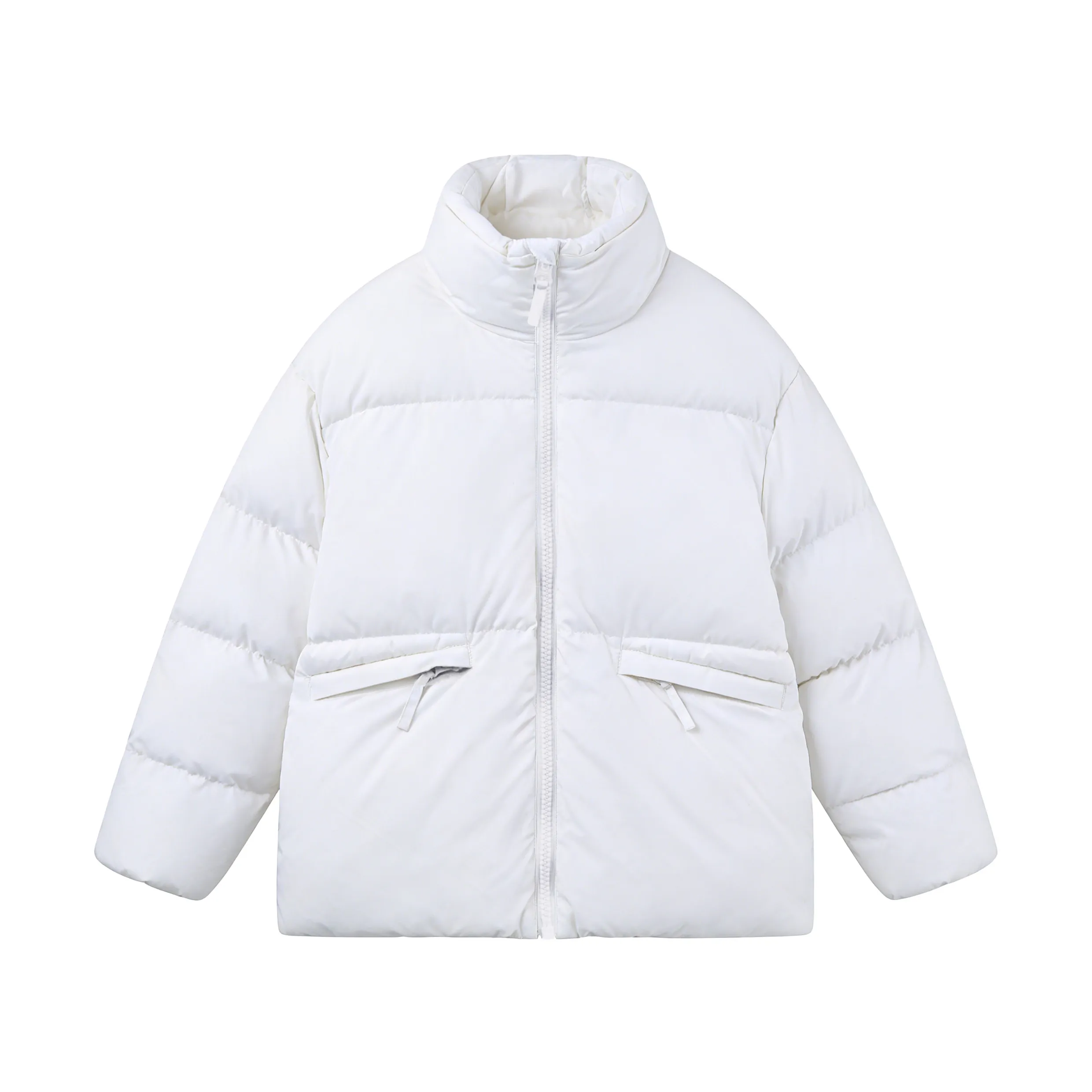 Kids White Stand Collar Puffer Jacket with Zipper Pockets