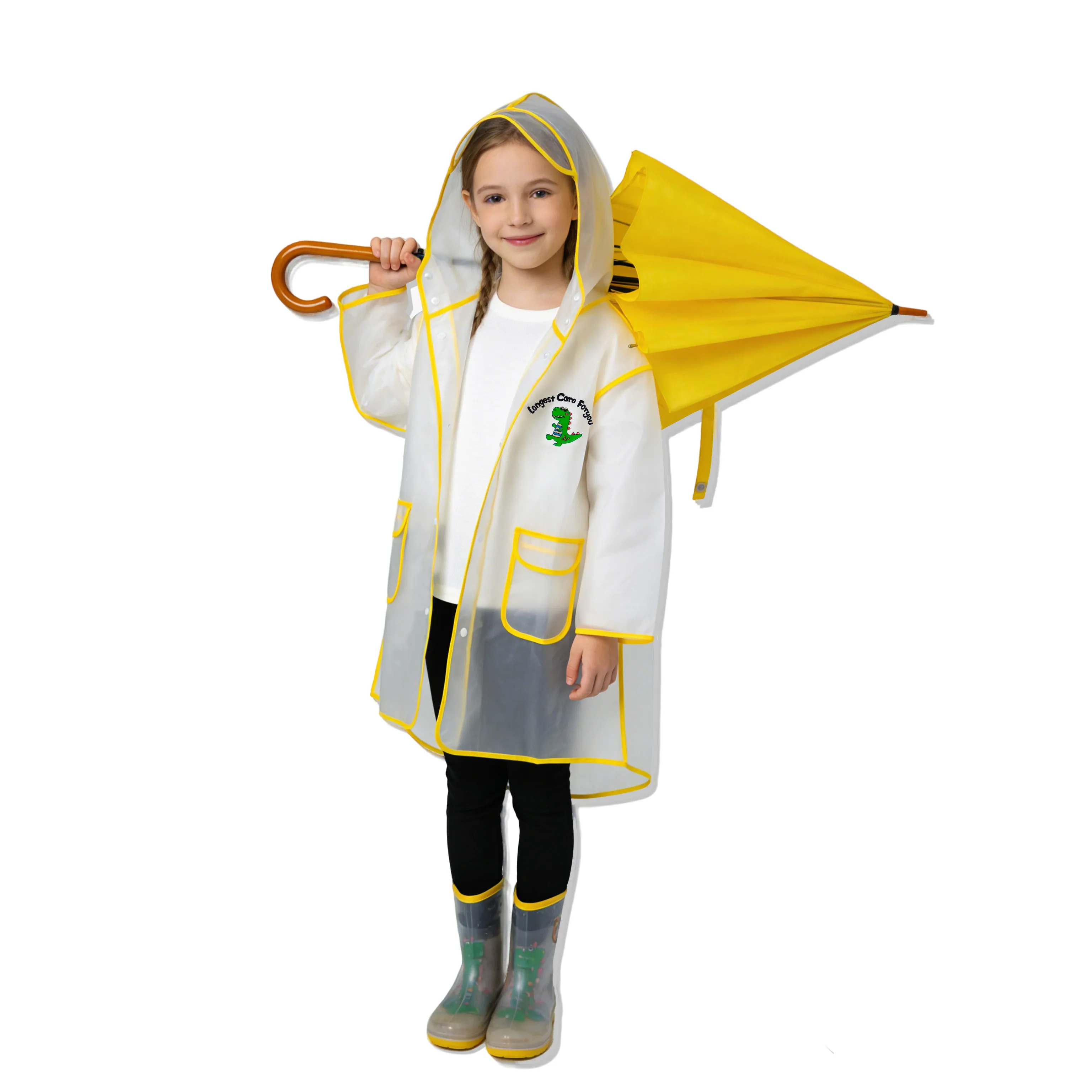 Kids Transparent Waterproof Hooded Raincoat with Cartoon Din