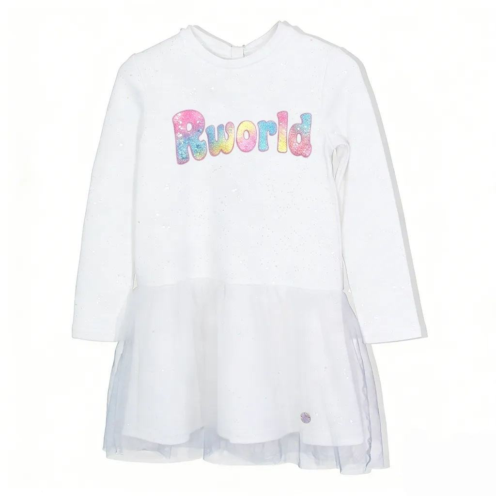 Girl's White Long Sleeve Tulle Dress with Magic Glitter