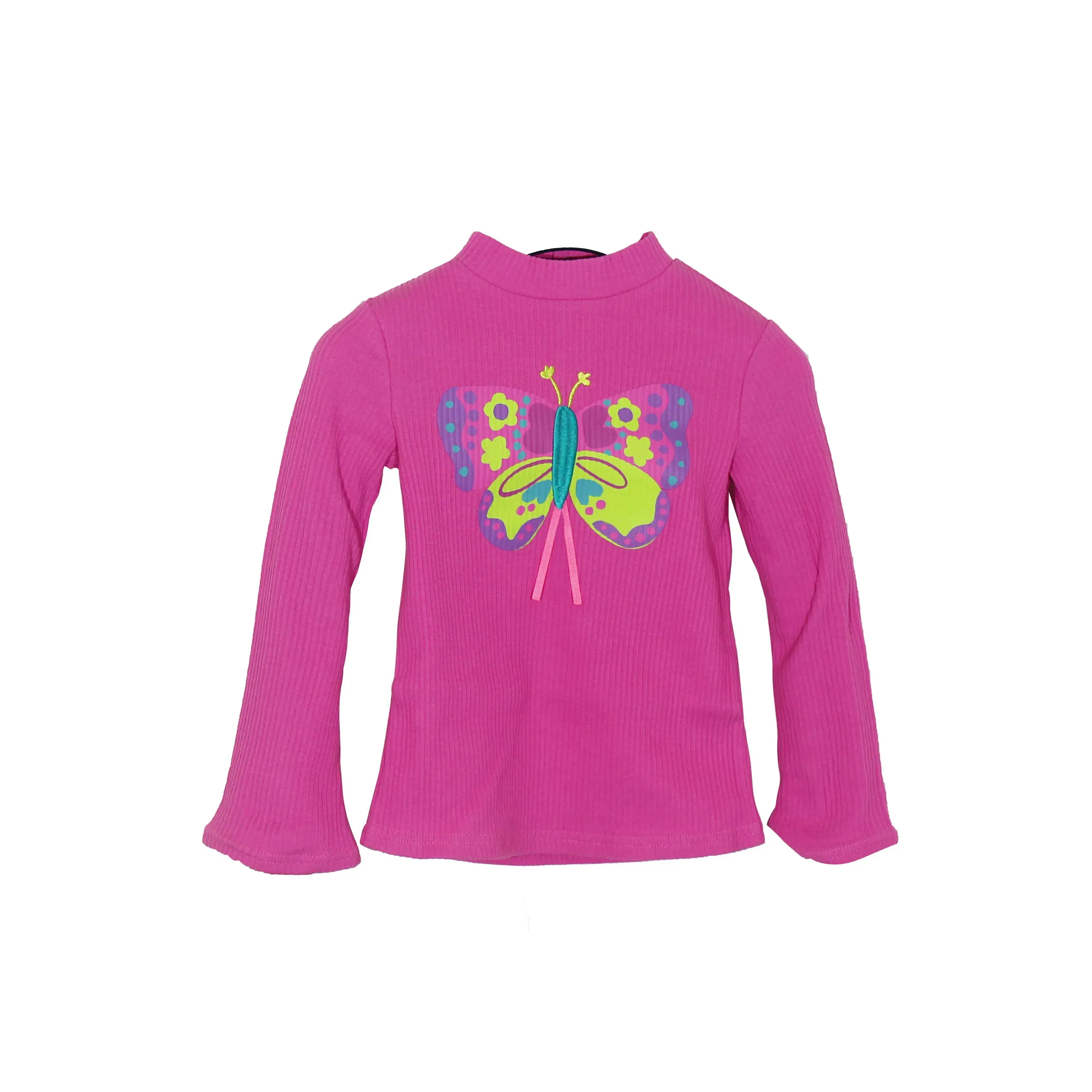 Girls Mock Neck Ribbed Knit Top Butterfly Print Long Sleeve