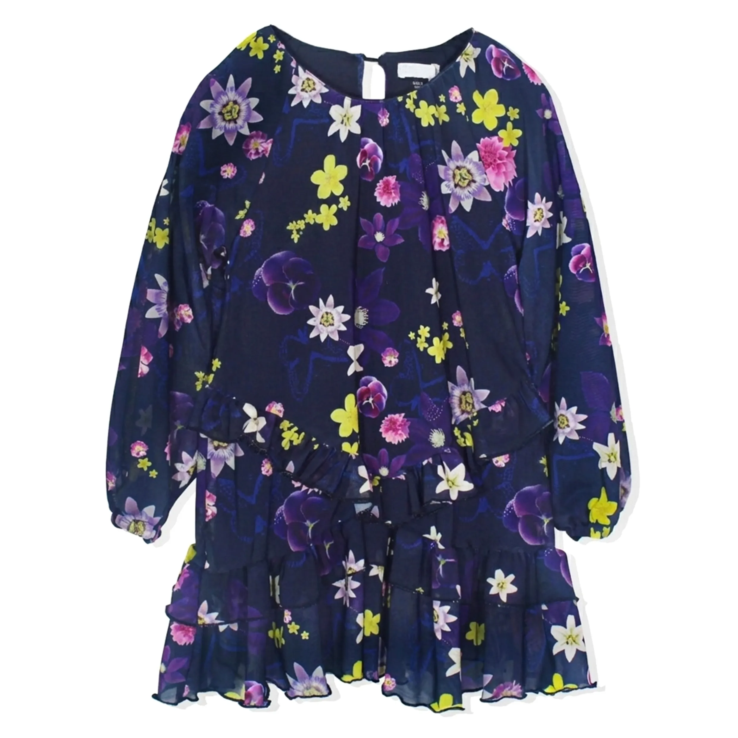 Girls Navy Blue Floral Print Long Sleeve Tiered Chiffon Dres