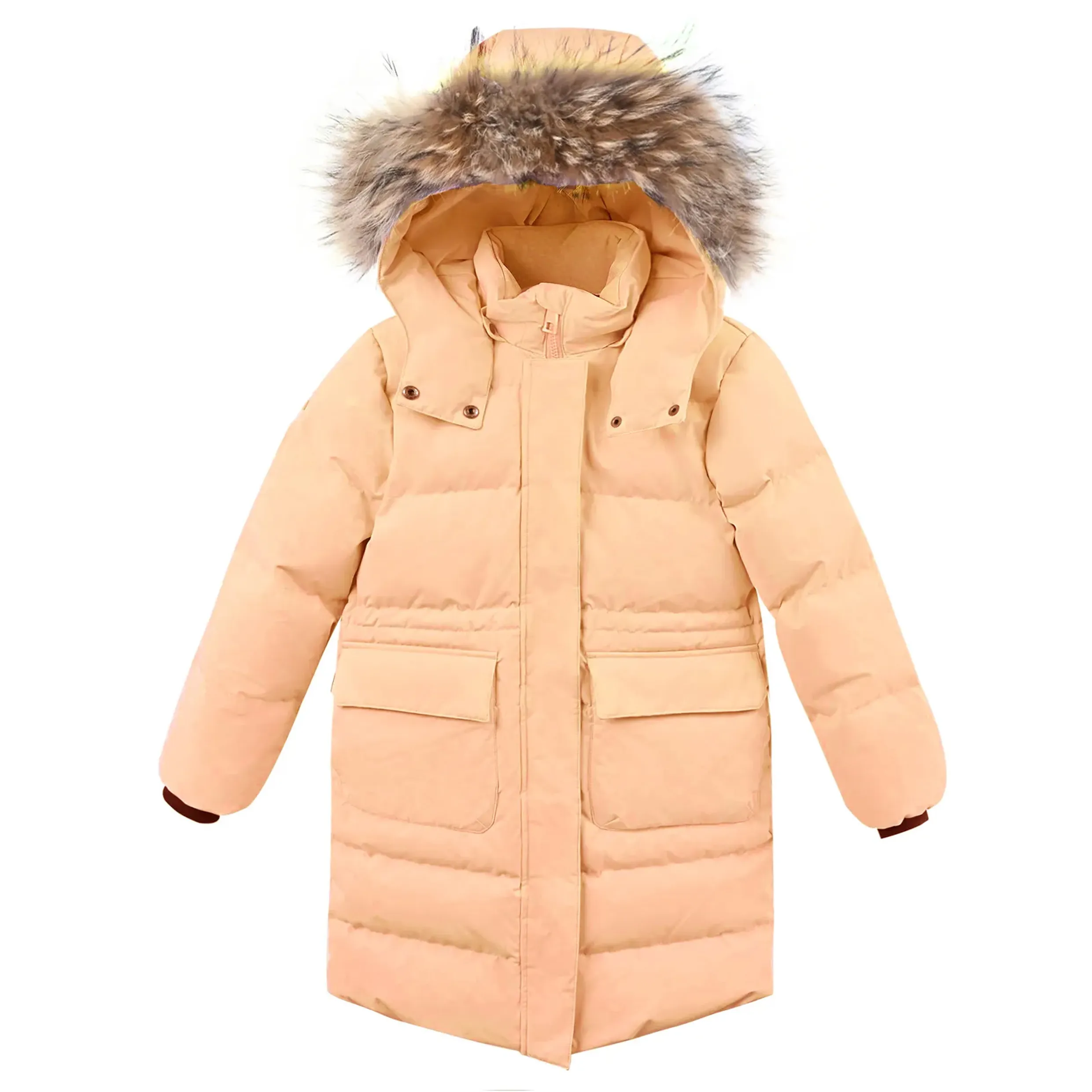 Kids' Light Orange Long Fur Hooded Warm Winter Down Jac
