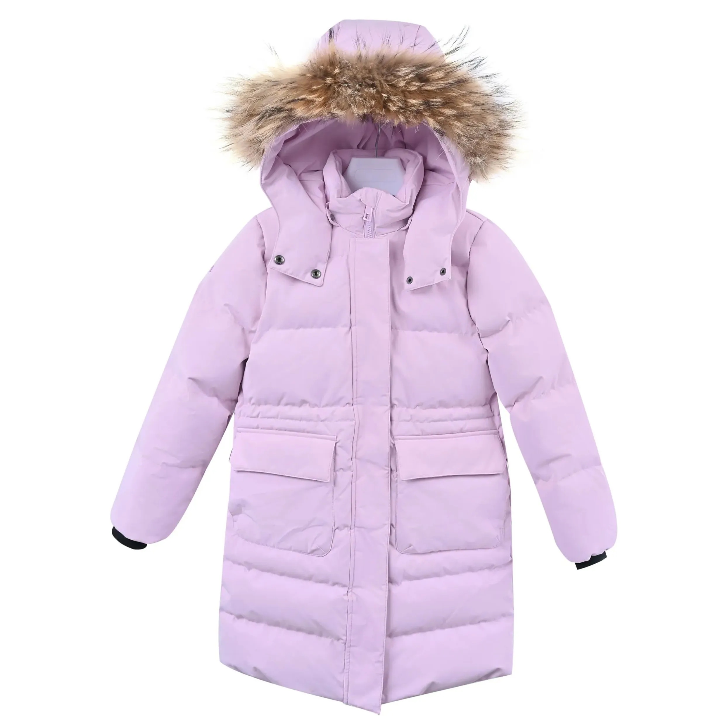 Kids' Light Purple Long Fur Hooded Warm Winter Down Jac