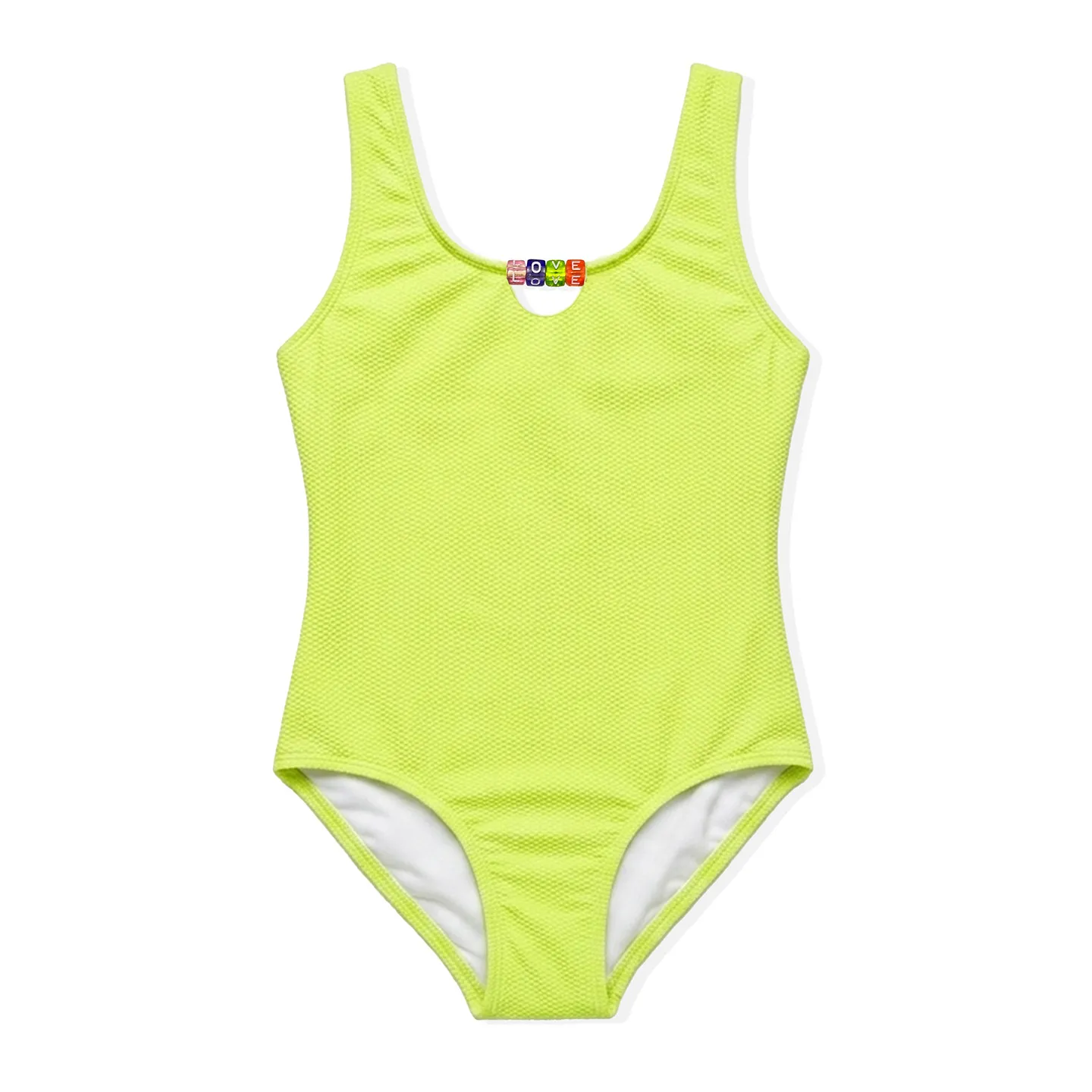 Girls Solid Color Nylon One-Piece Swimsuit with Bead Decorat