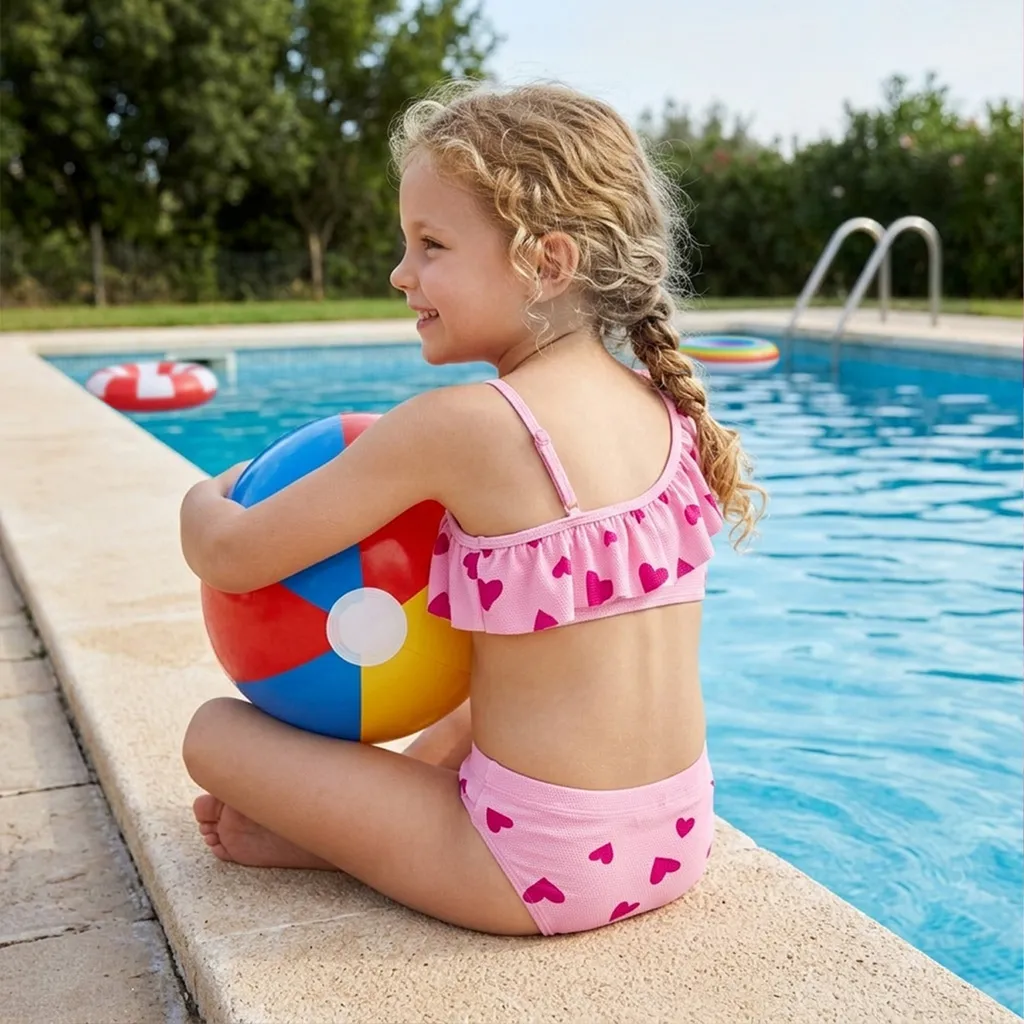 Girls Pink Heart Print One Shoulder Ruffled Two Piece Bikini