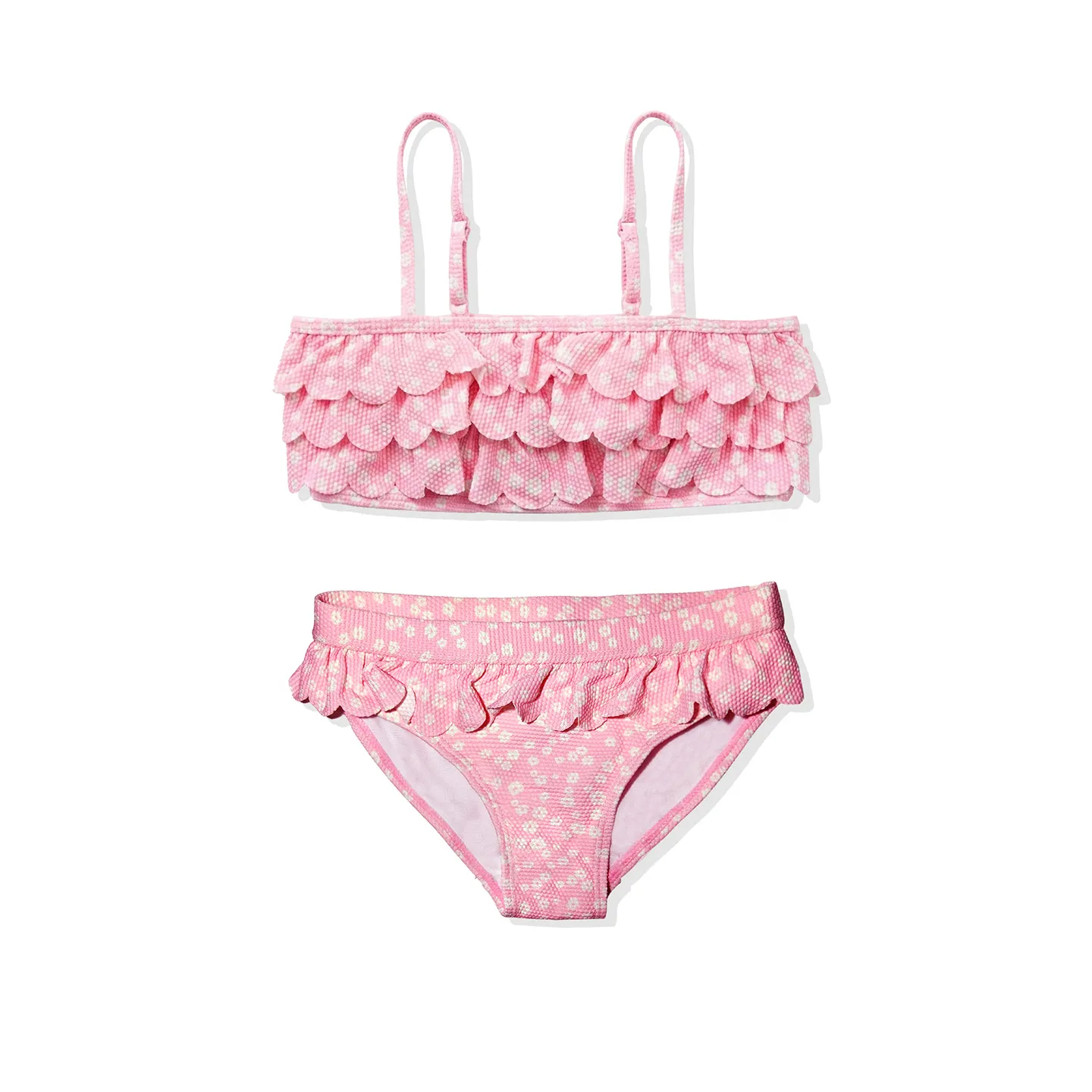 Girls Pink Ditsy Floral Tiered Ruffled Two Piece Bikini Set 