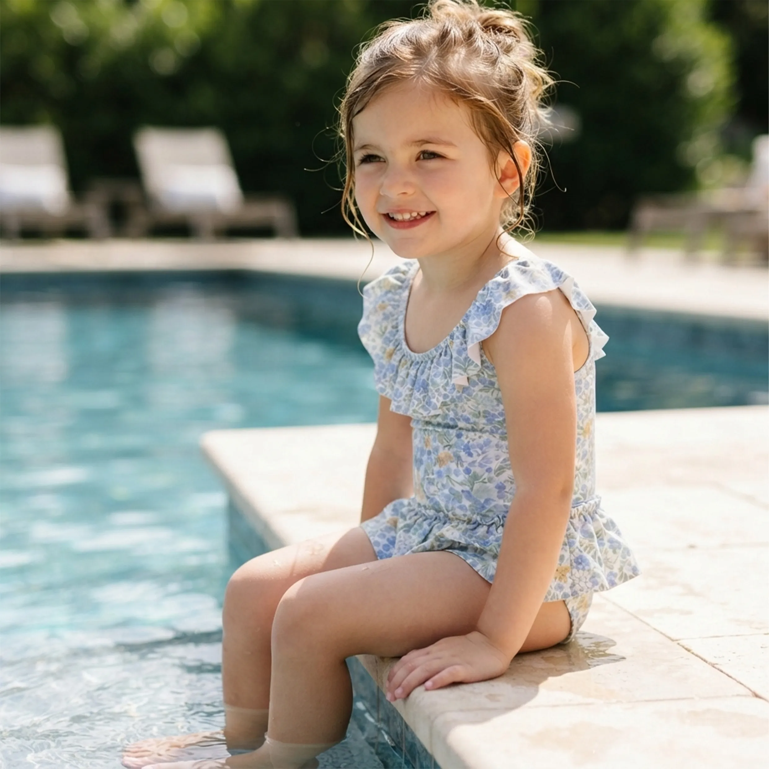 Girls Blue Ditsy Floral Ruffled Skirt One Piece Swimsuit