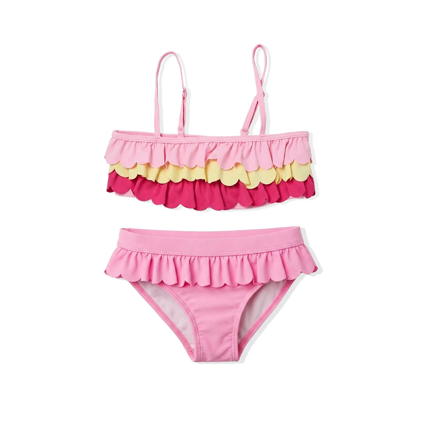 Girls Pink Tiered Scalloped Ruffled Two Piece Bikini Set Kid
