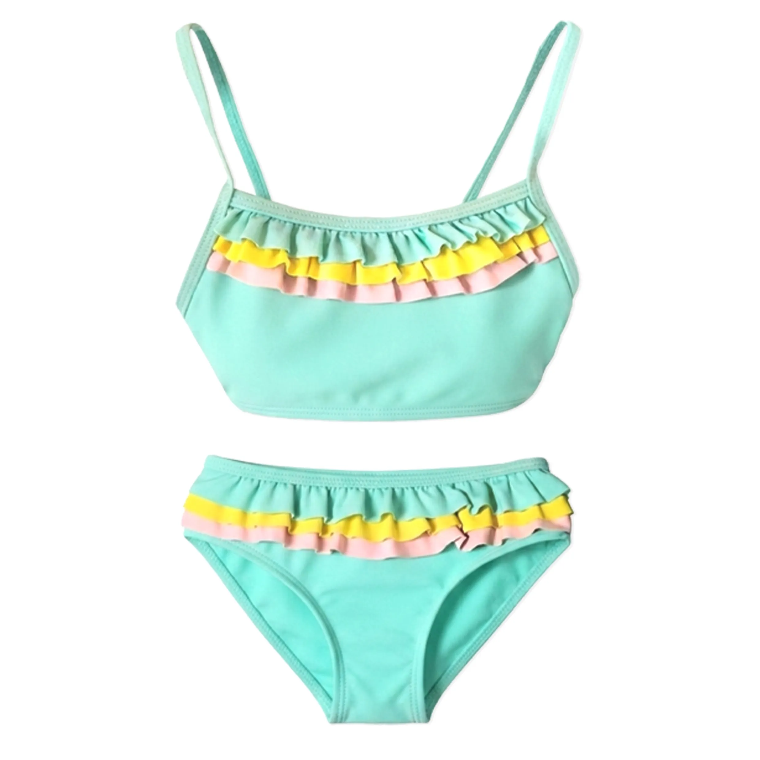 Girls Mint Green Tiered Color Block Ruffled Two Piece Bikini