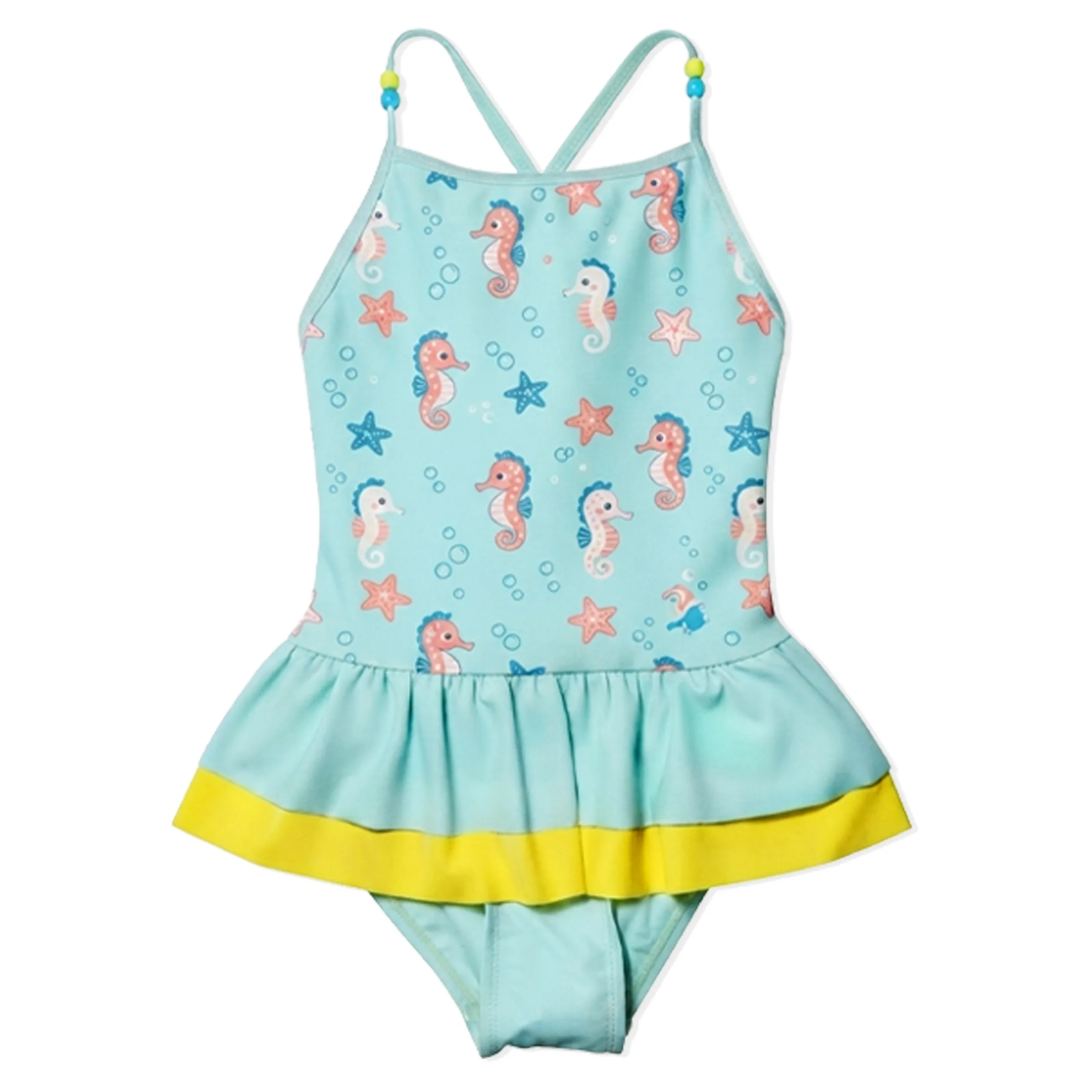 Girls Mint Blue Beaded Strap Seahorse Print Skirted One Piec