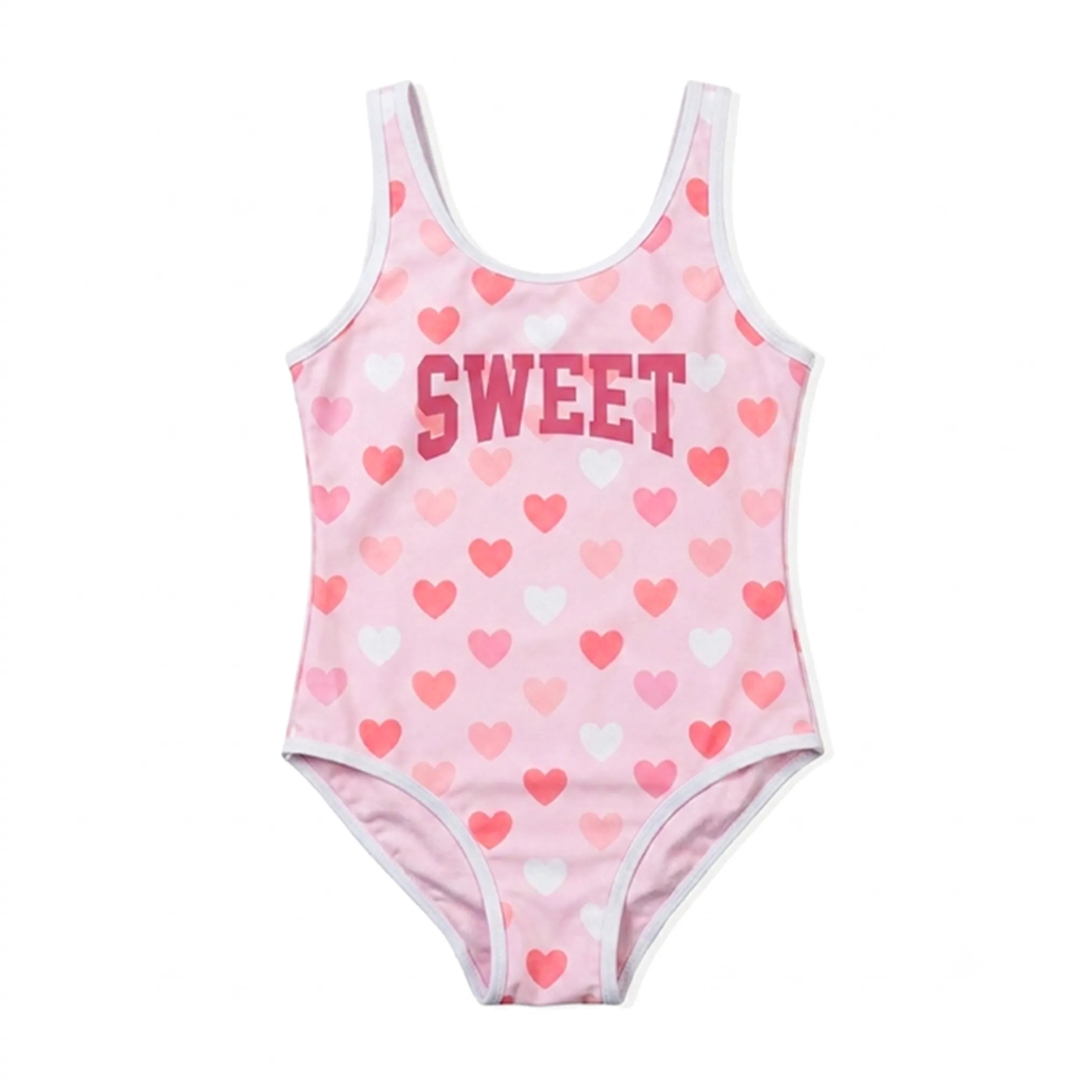 Girls Pink Heart White Trim One Piece Swimsuit
