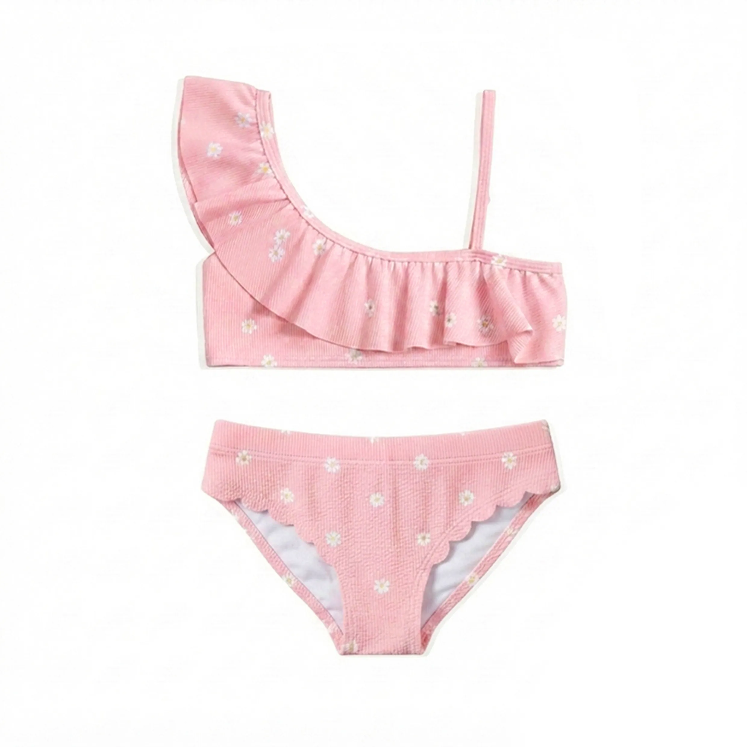 Girls Pink Daisy Print One Shoulder Ruffled Two Piece Bikini