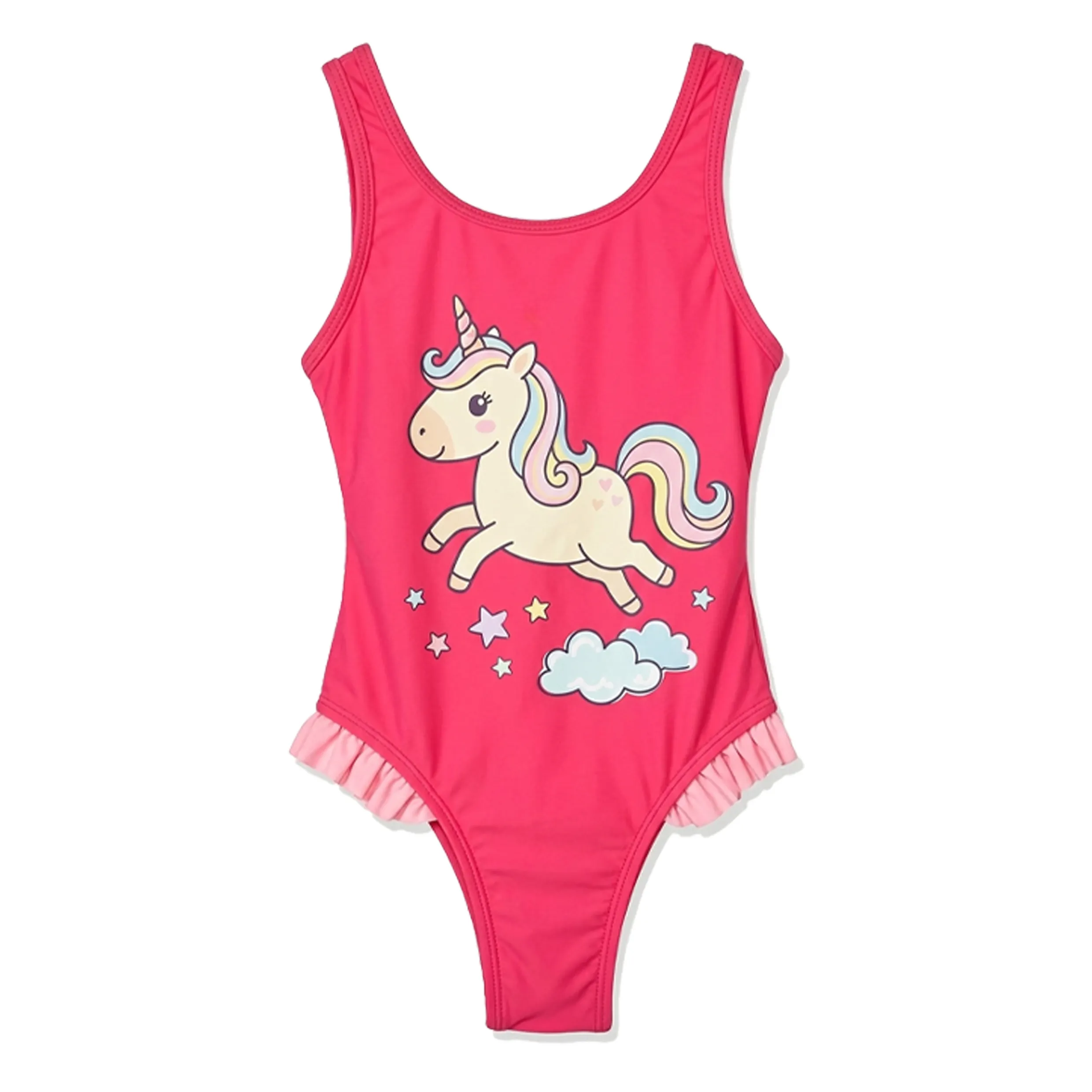 Girls Red Unicorn Print Side Ruffled One Piece Swimsuit
