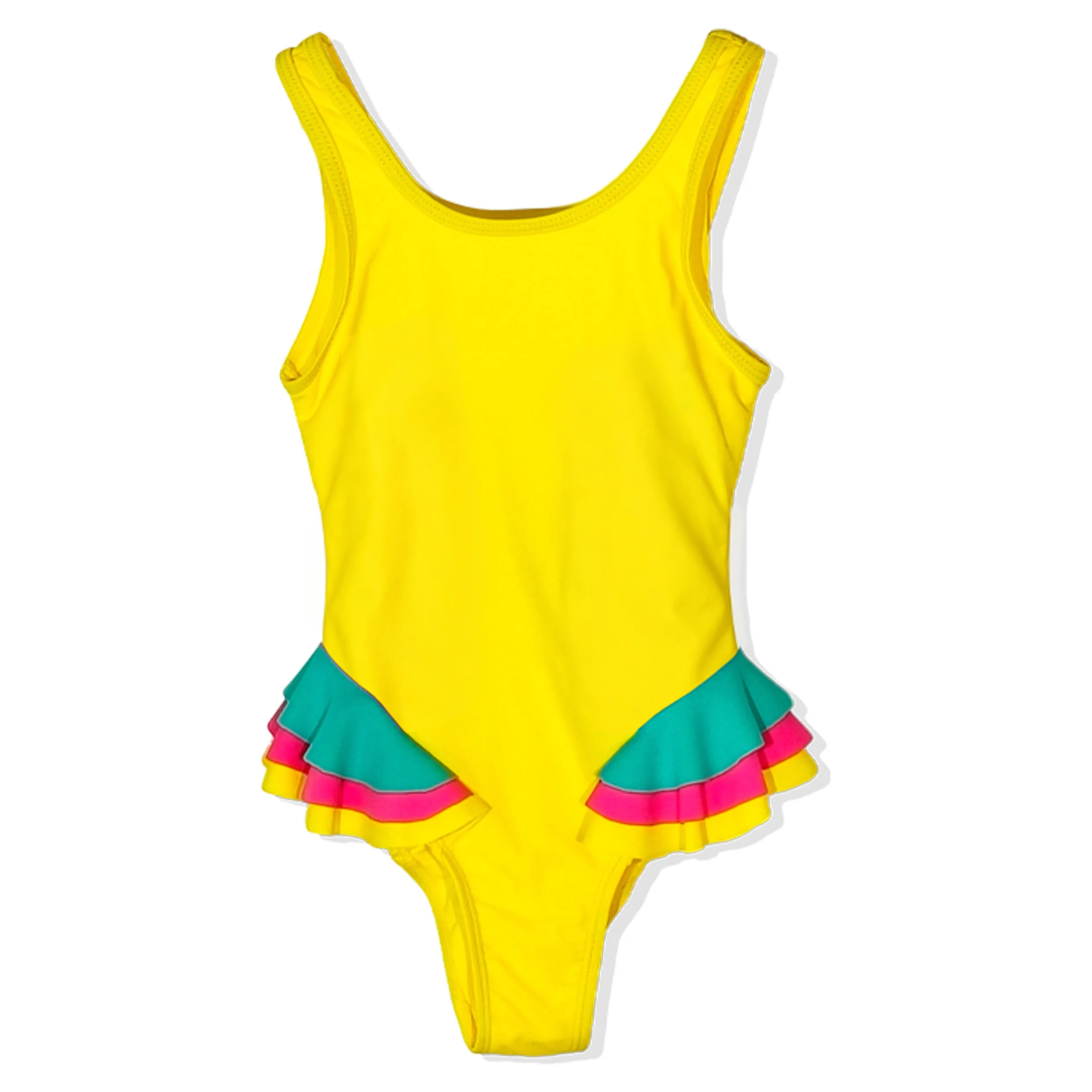 Girls Bright Yellow Tiered Color Block Ruffled One Piece Swi