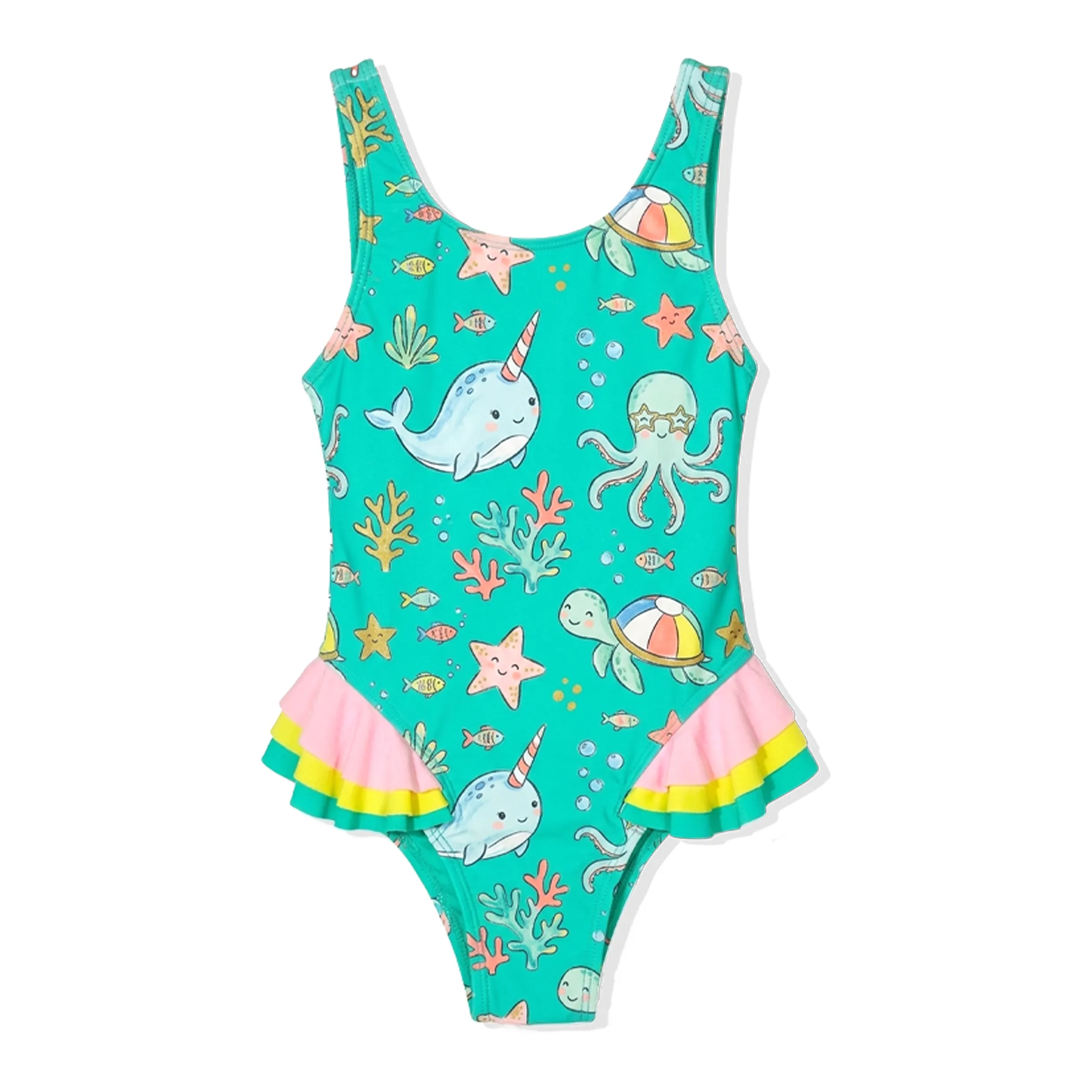 Girls Sea Animal Print Tiered Color Block Ruffled One Piece 