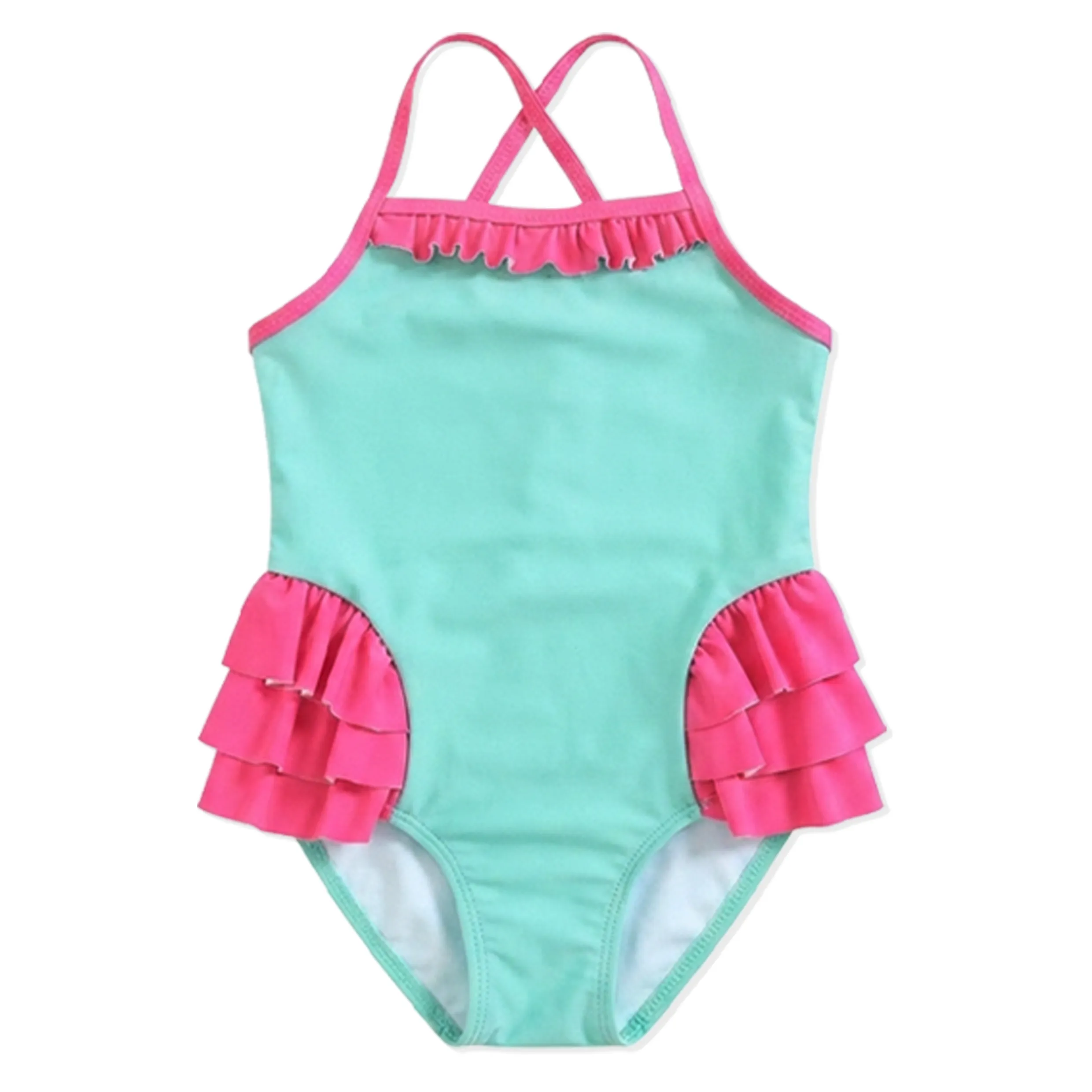 Girls Mint Green Pink Cross Back Tiered Ruffled One Piece Sw