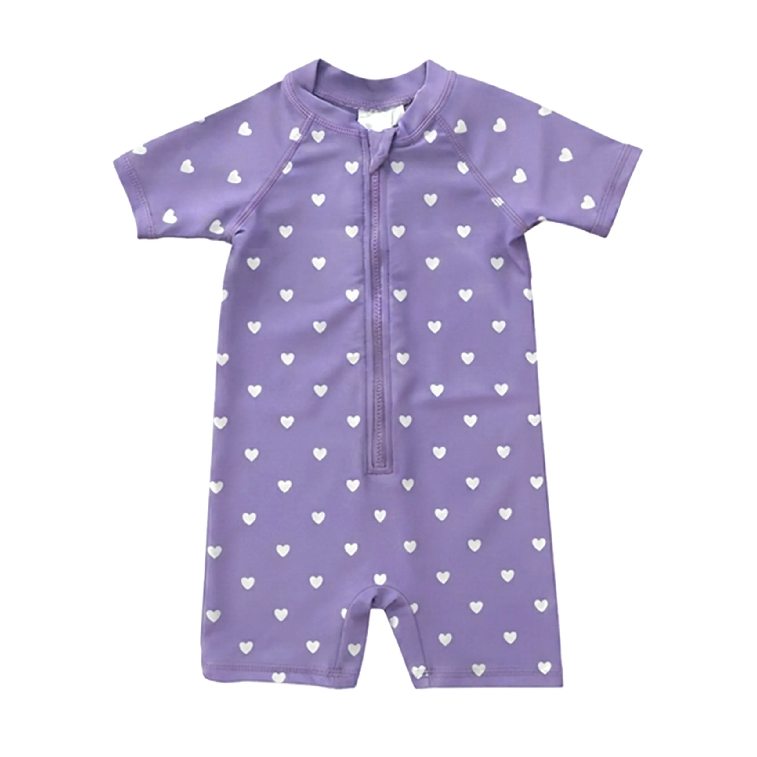 Girls Purple Heart Print Zip Front Short Sleeve One Piece Sw