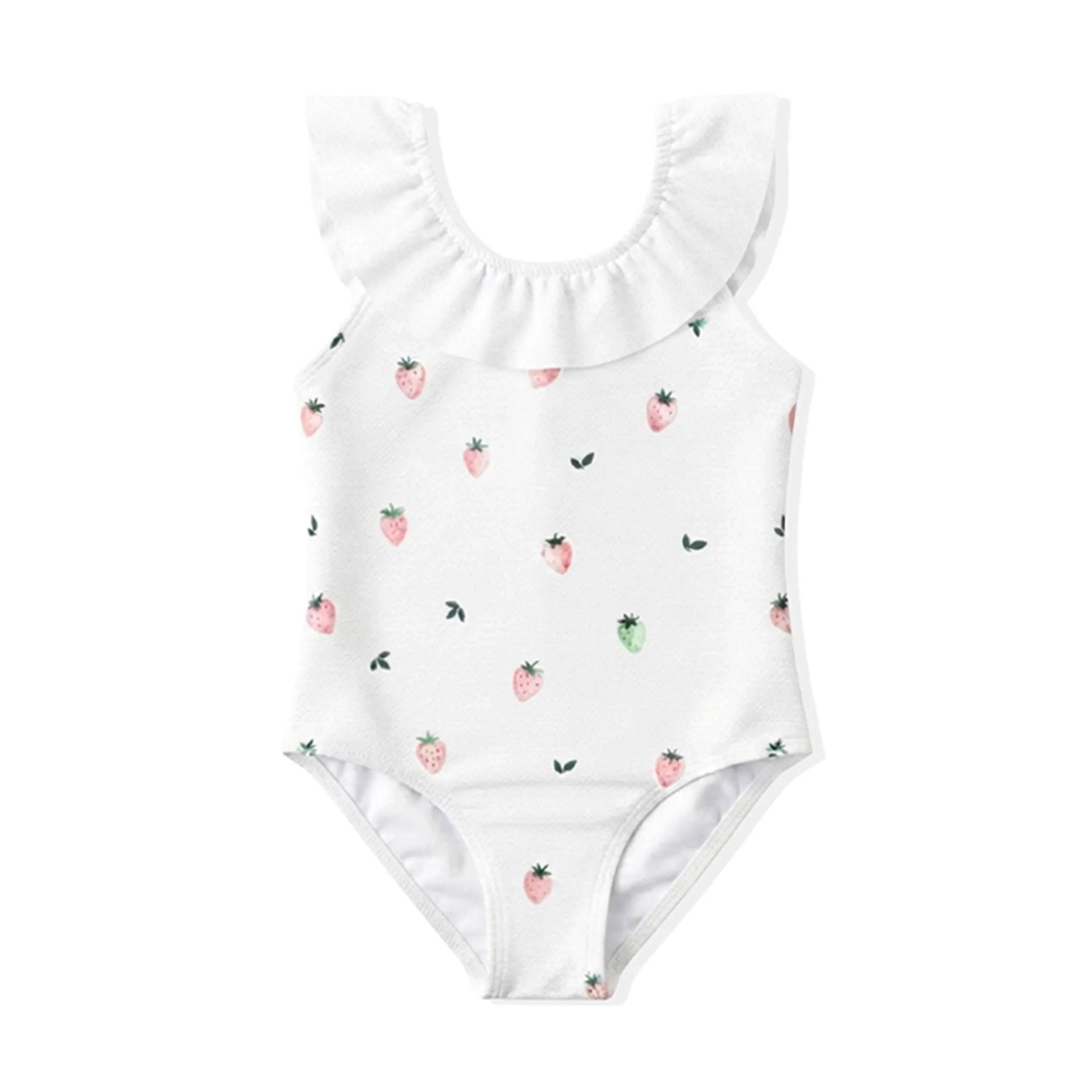 Girls White Textured Strawberry Print Ruffled One Piece Swim