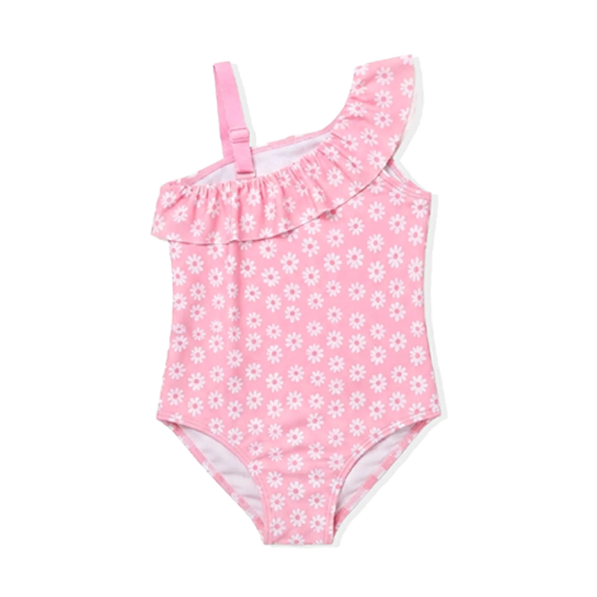 Girls Pink Daisy Print Adjustable One Shoulder Ruffled One P