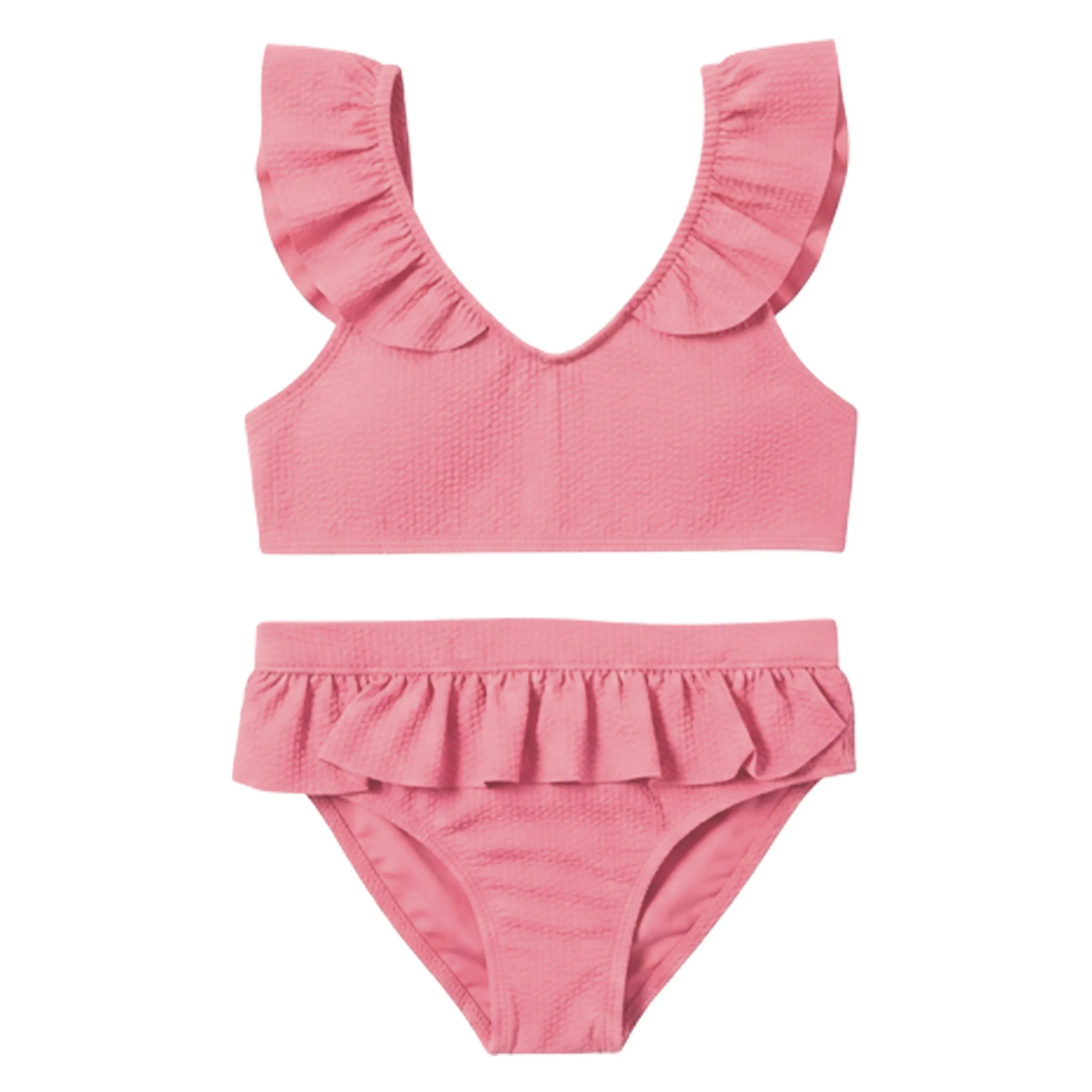 Girls Pink Ribbed Double Ruffled Two Piece Bikini Set Kids S