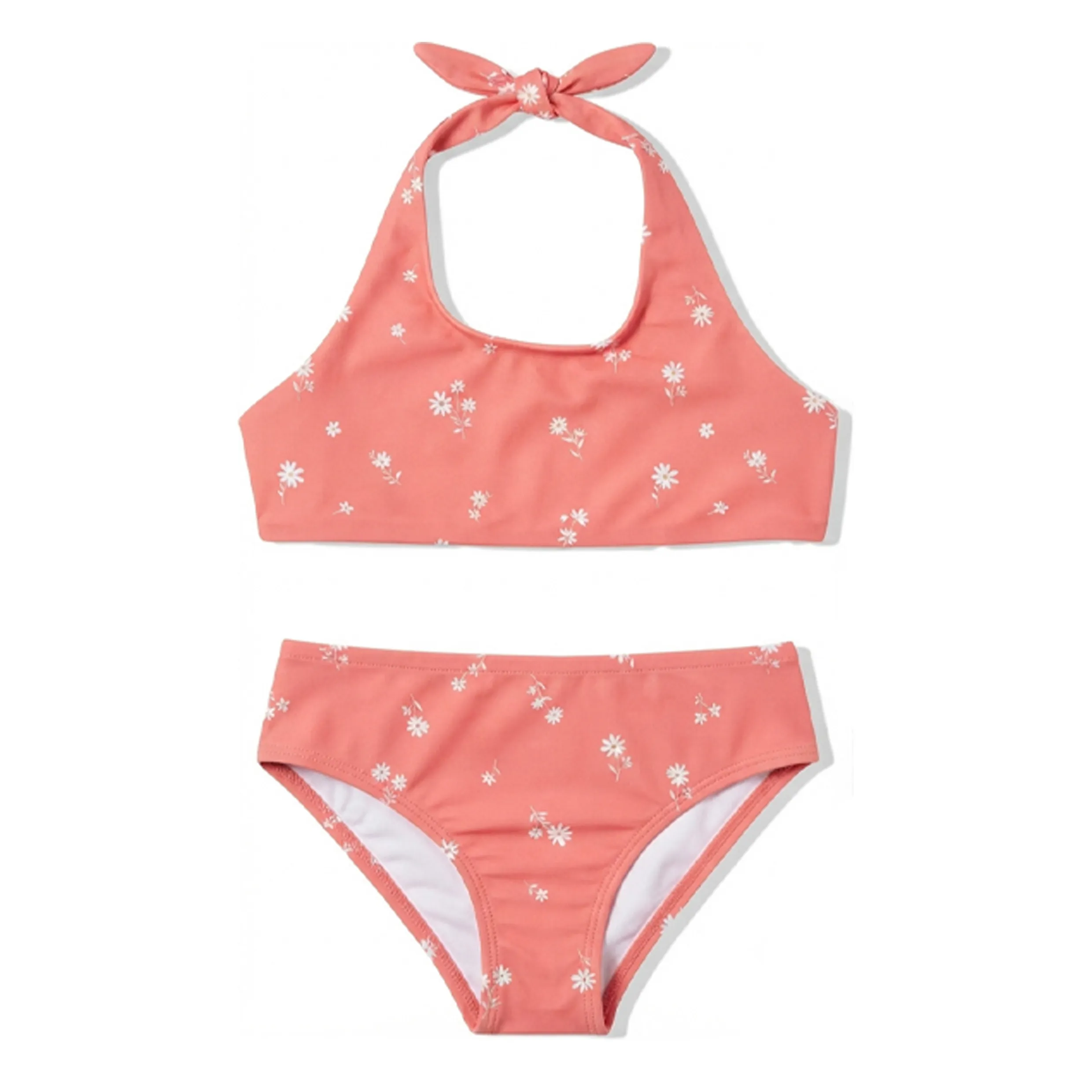 Girls Coral Pink Ditsy Floral Halter Neck Two Piece Bikini S