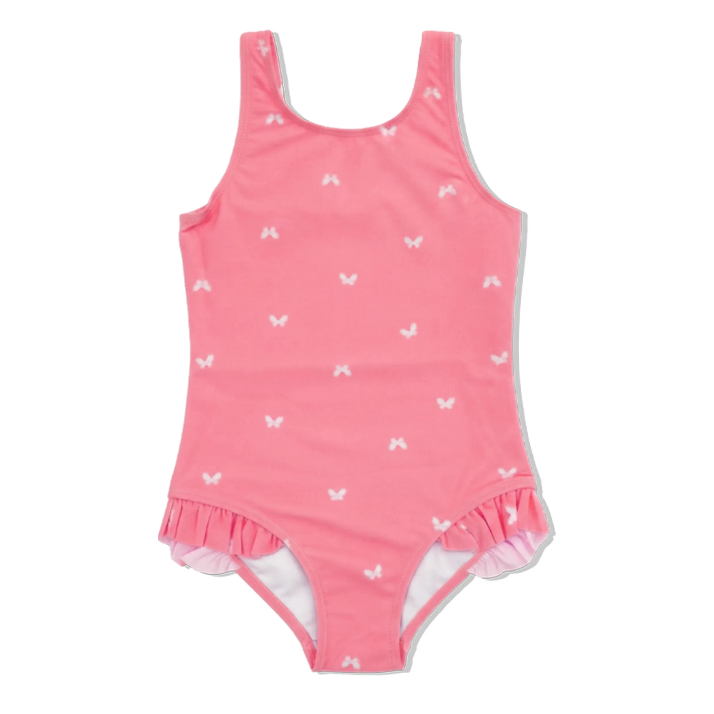 Girls Pink Butterfly Print Side Ruffled One Piece Swimsuit