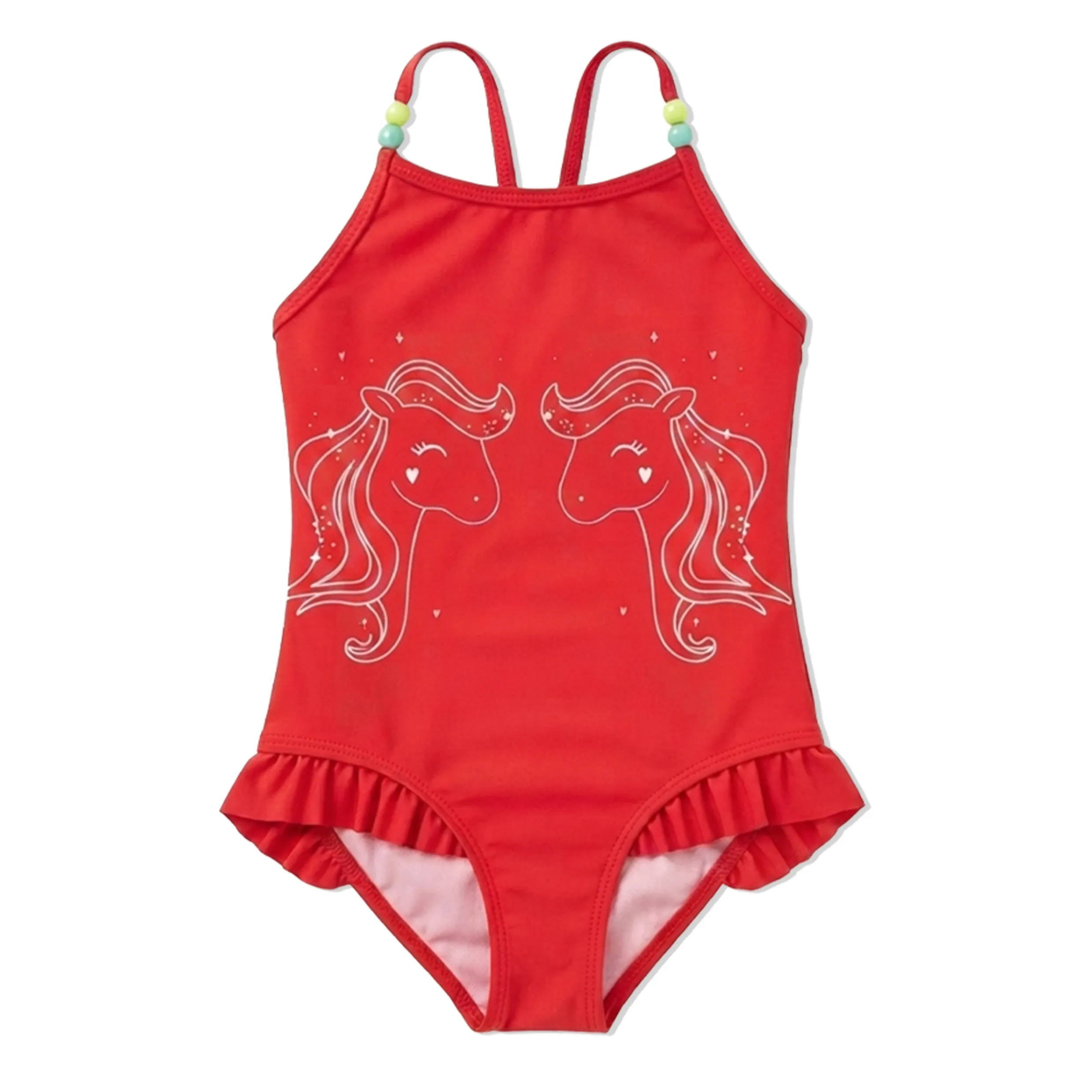 Red Unicorn Print Ruffle Beaded Strap Girls One Piece Swimsu