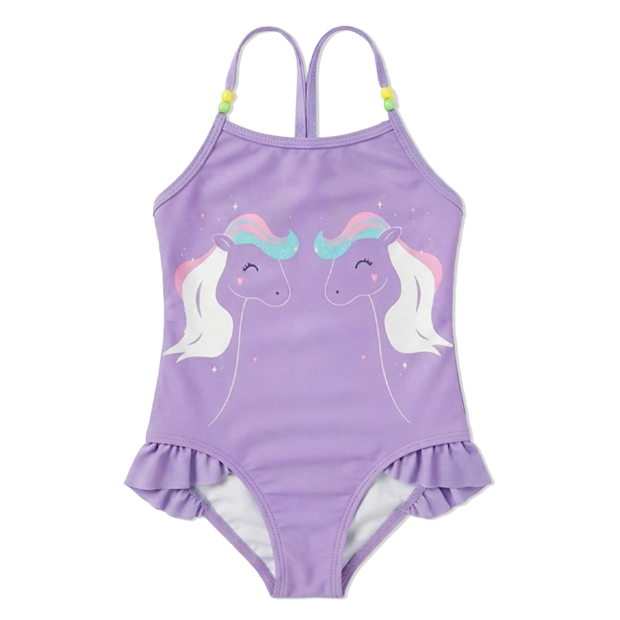 Purple Unicorn Print Beaded Ruffle Girls One Piece Swimsuit