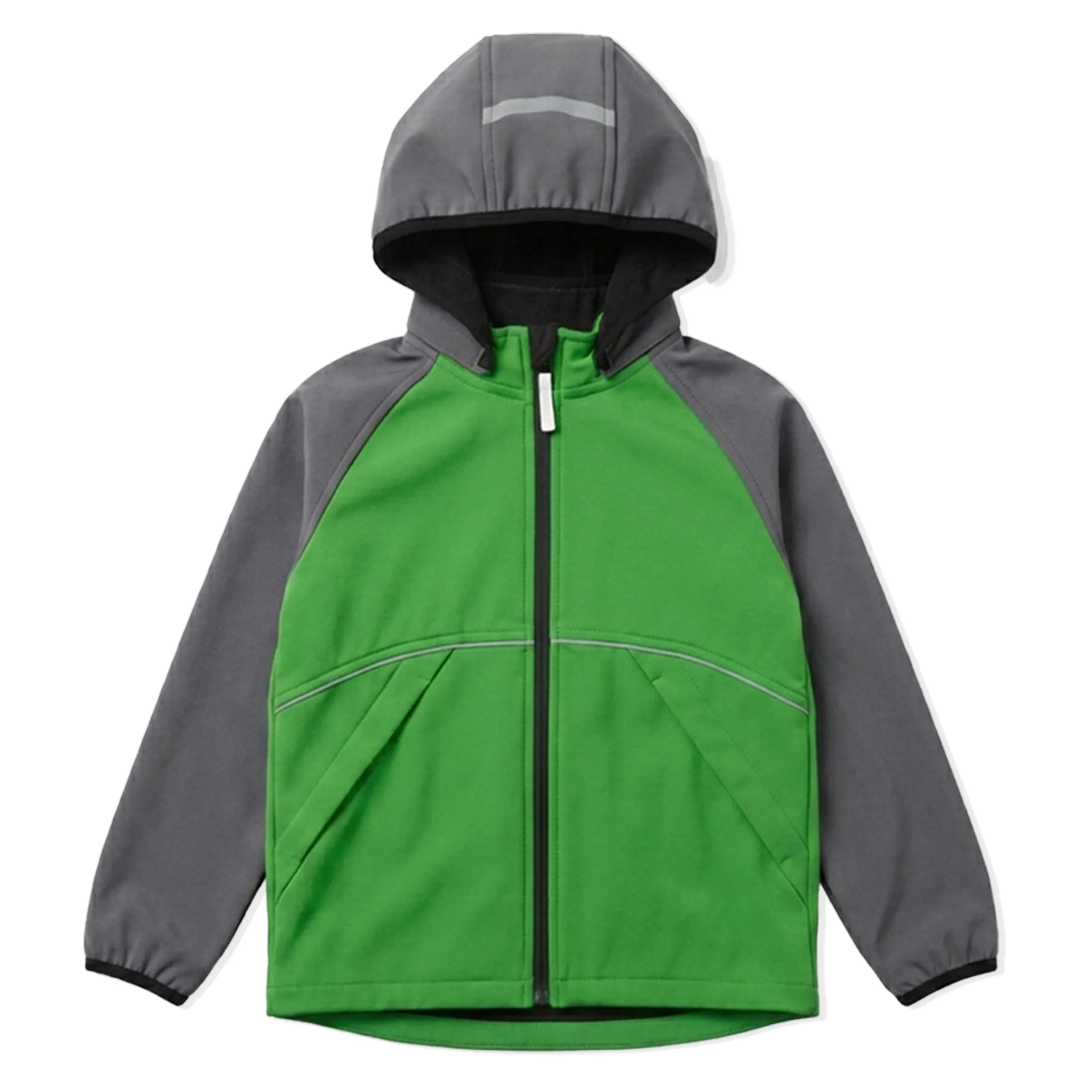 Kids Green Grey Softshell Hooded Zip up Jacket with Reflecti