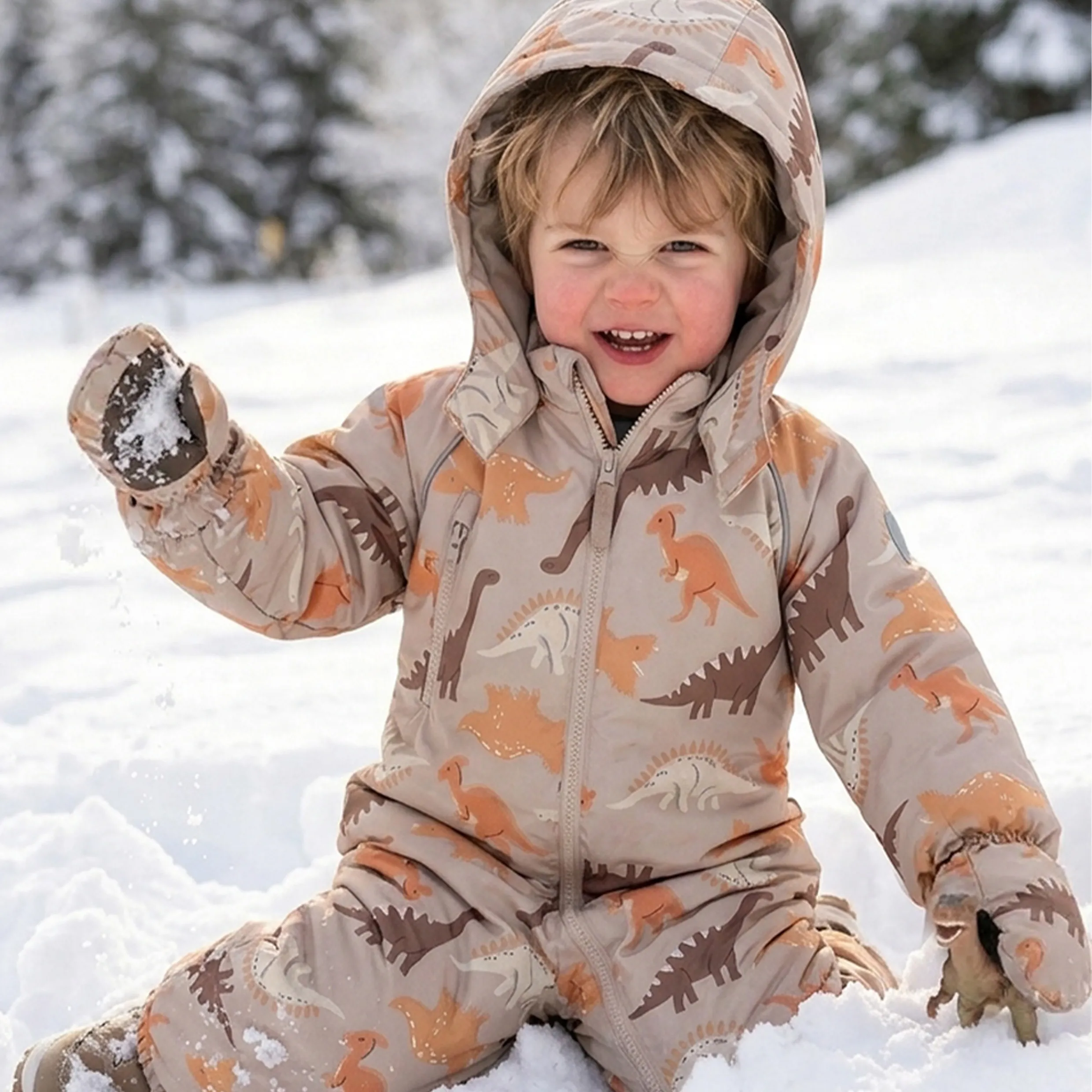 Toddler Khaki Dinosaur Print Waterproof Hooded One Piece Sno