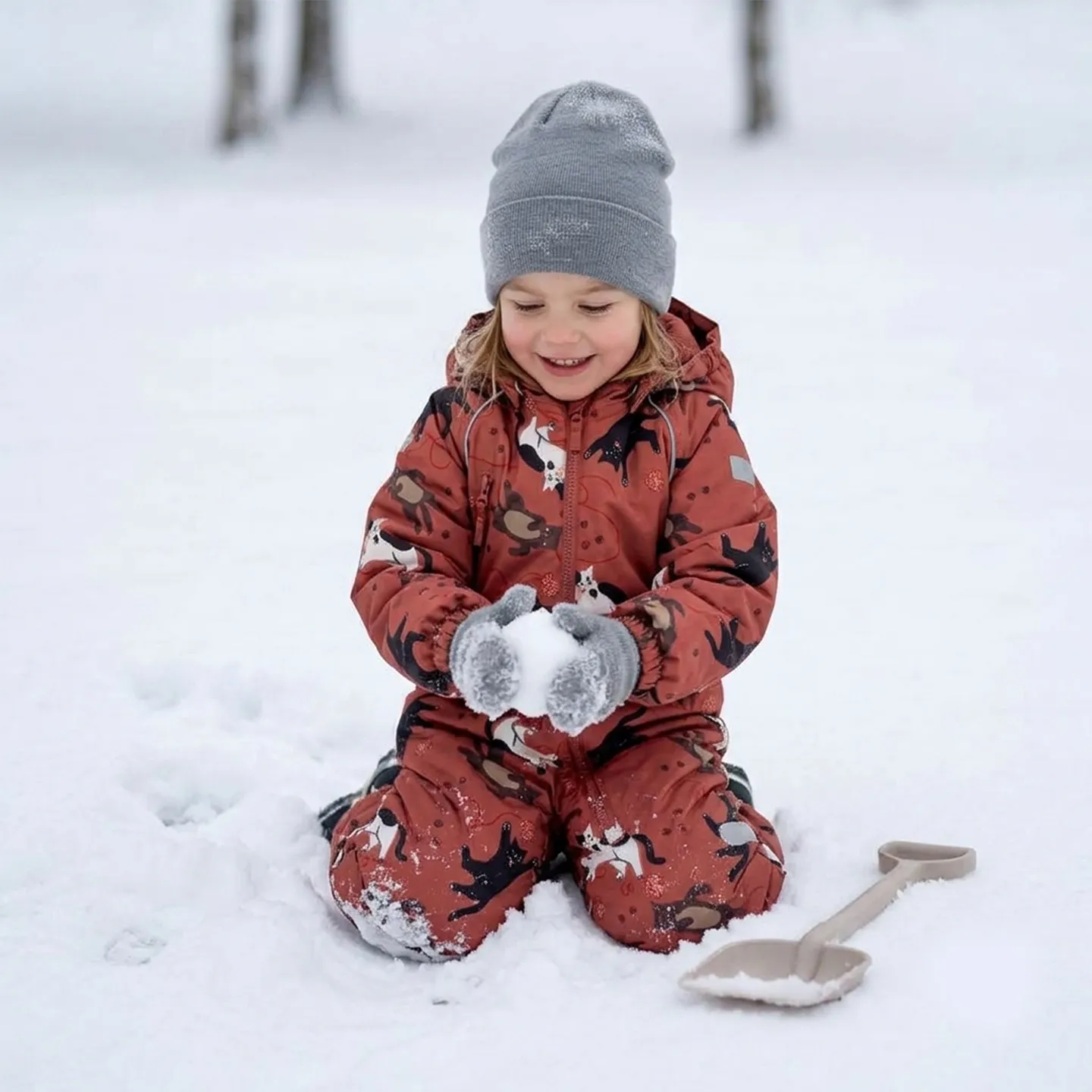 Kids Terracotta Cat Print Windproof Padded Hooded One Piece 