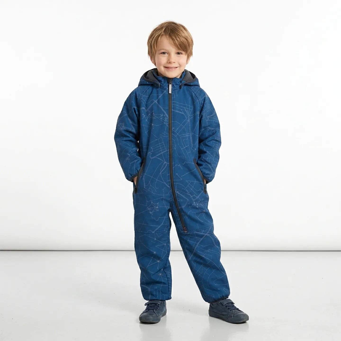 Toddler Blue Map Print Waterproof Hooded One Piece Ski Suit 