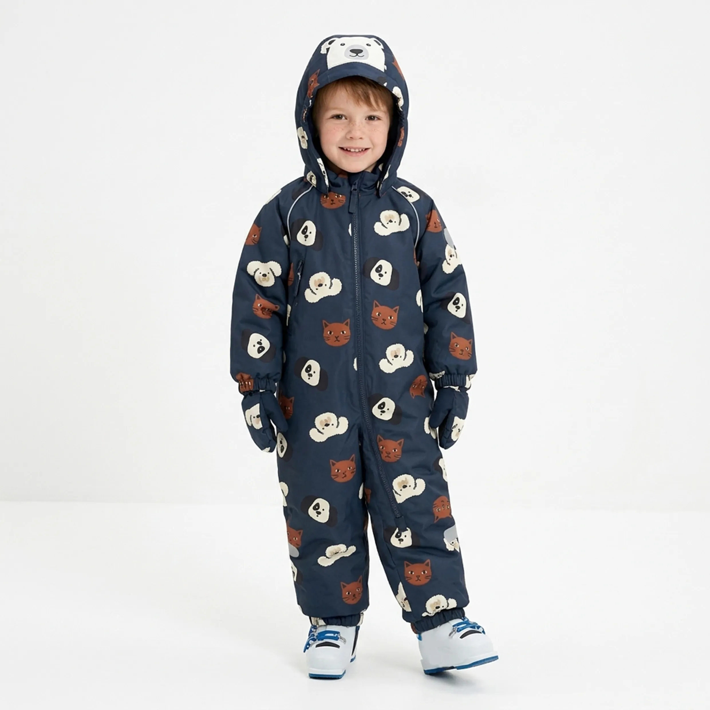 Kids Cartoon Pet Print Warm Padded Hooded One Piece Winter S