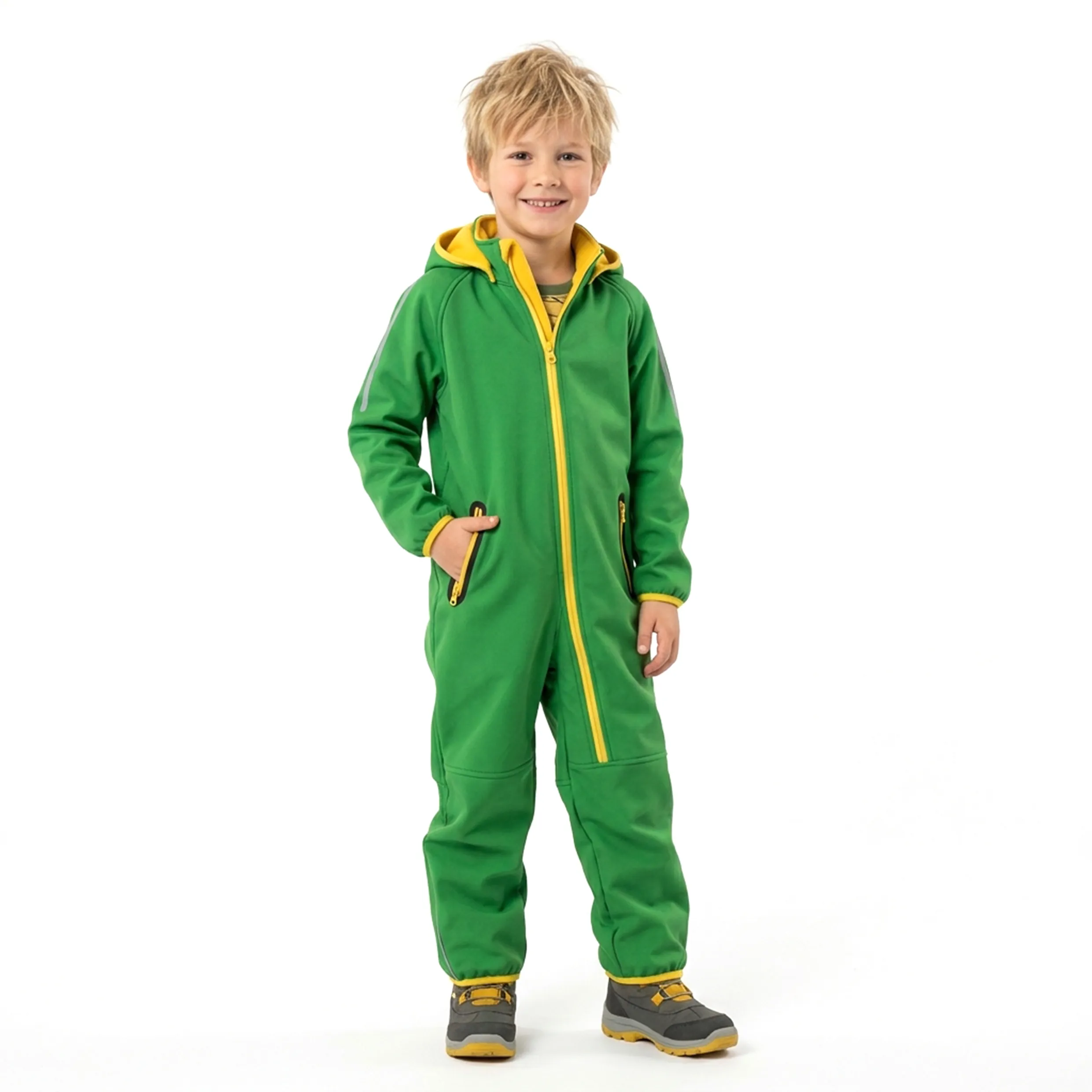 Kids Green Fleece Hooded Full Zip One Piece Snowsuit with Po