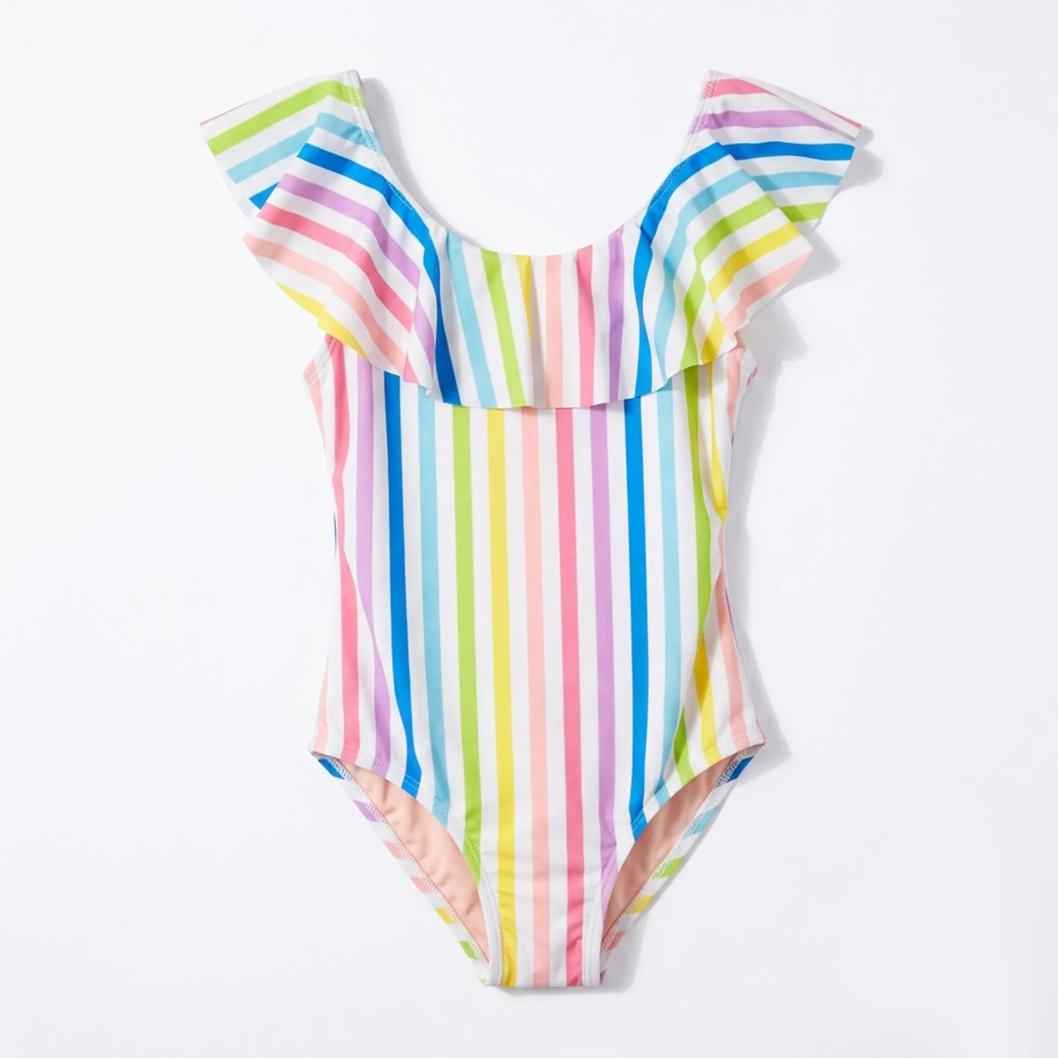 Cute Girls Rainbow Striped Ruffle One-Piece Swimsuit