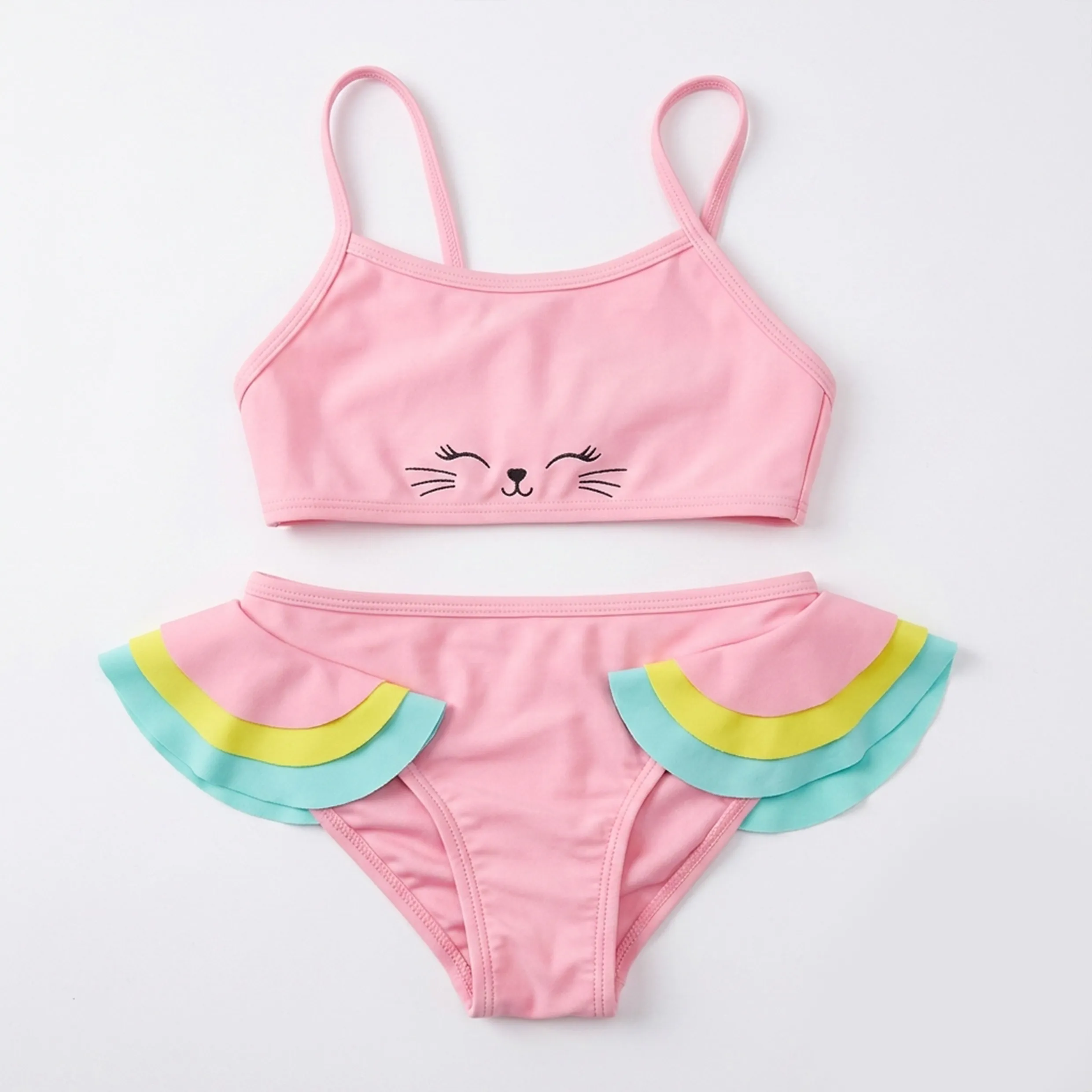 Girls Pink Cat Face Print Color Block Ruffled Two Piece Swim