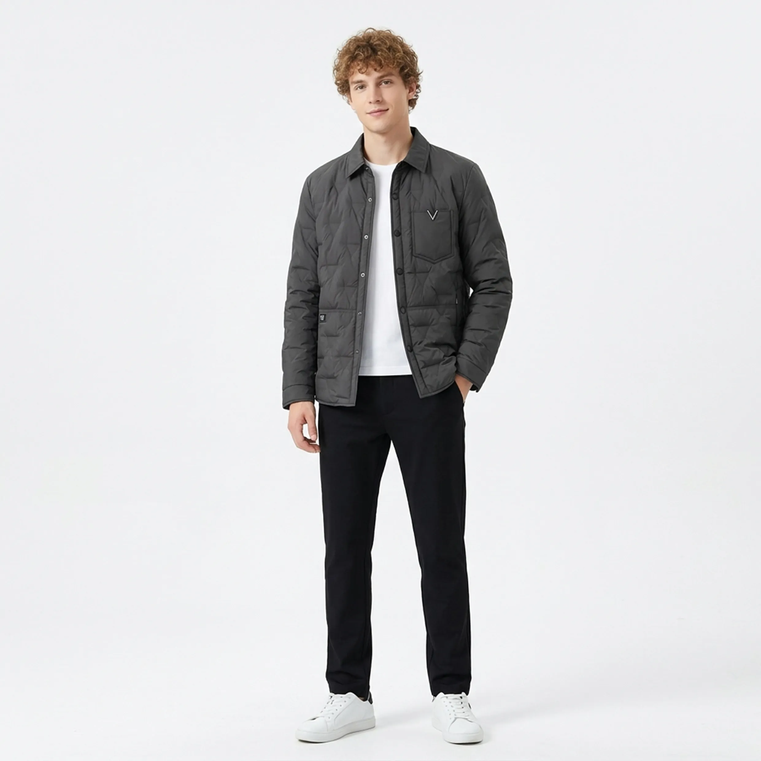 Fall-Winter Men's Grey Trench Jacket Warm Lapel Shirt S