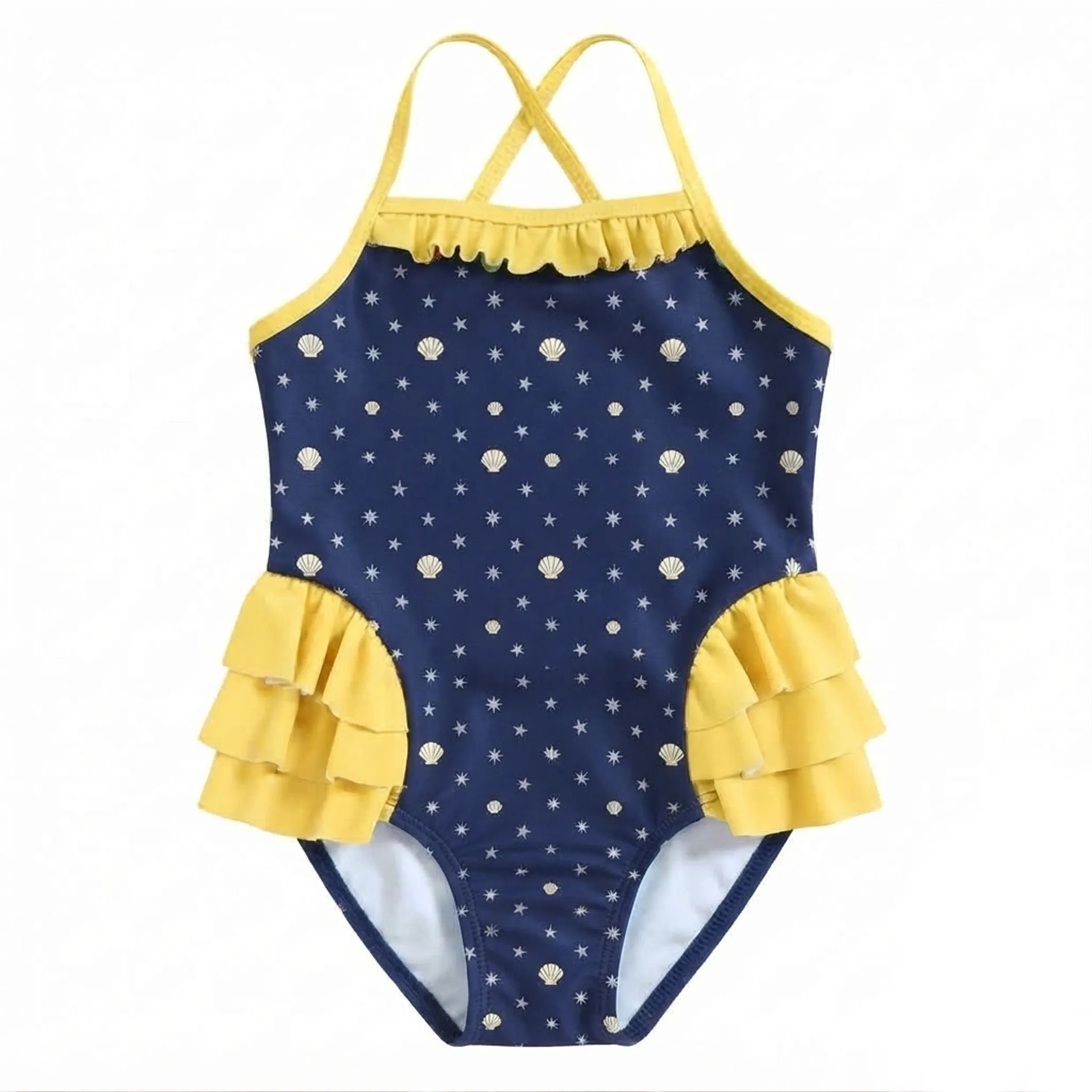 Girls Navy Shell Print Cross Back One Piece Swimsuit