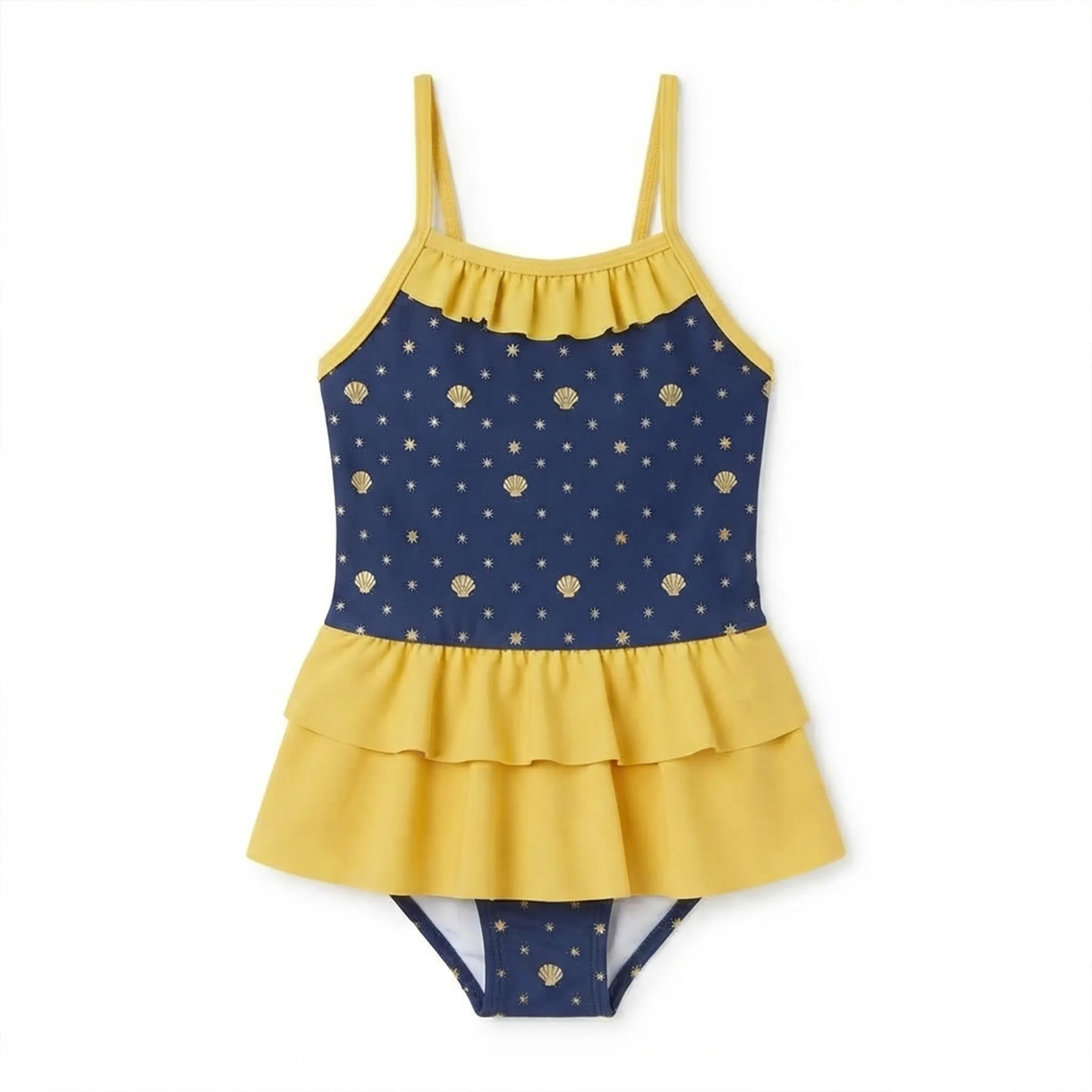 Girls One Piece Swimsuit Ruffle Skirt Shell Print Navy Yello